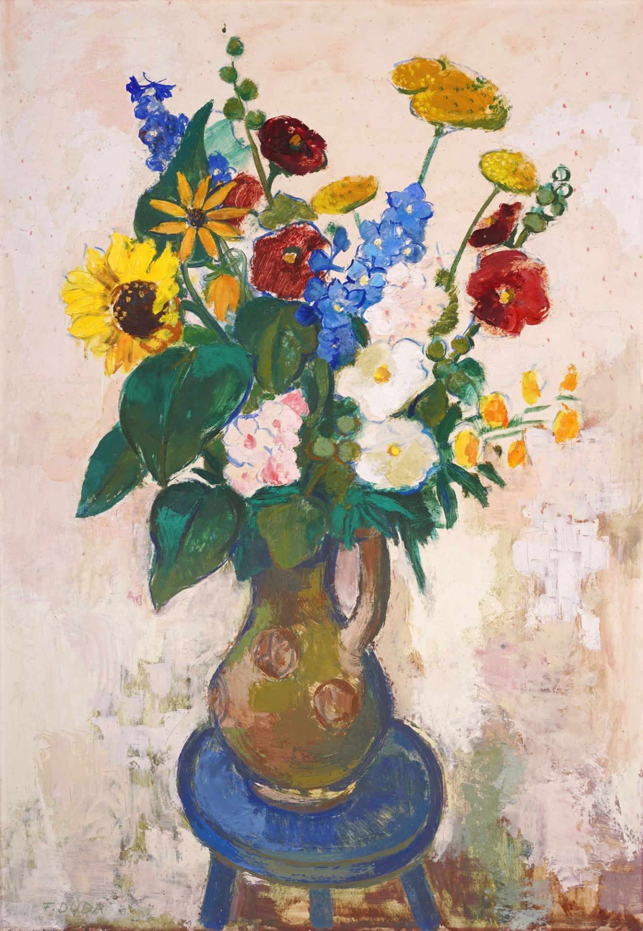 Fritz Duda, Stilleben mit Sonnenblume, Malven und Rittersporn. Wohl späte 1950er Jahre.