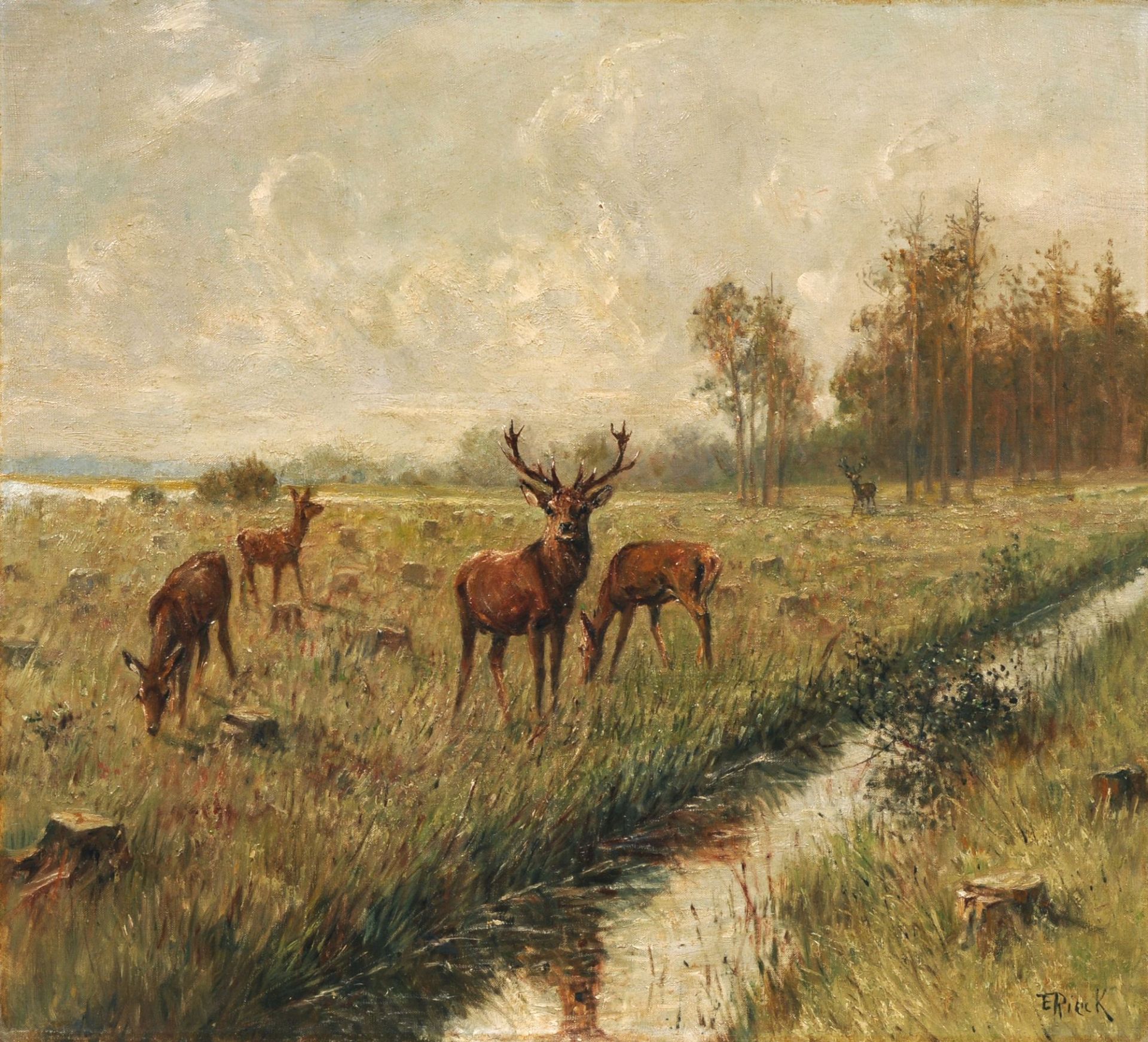 Emil Rieck, Wiese mit Rotwild am Bachlauf. Anfang 20. Jh.