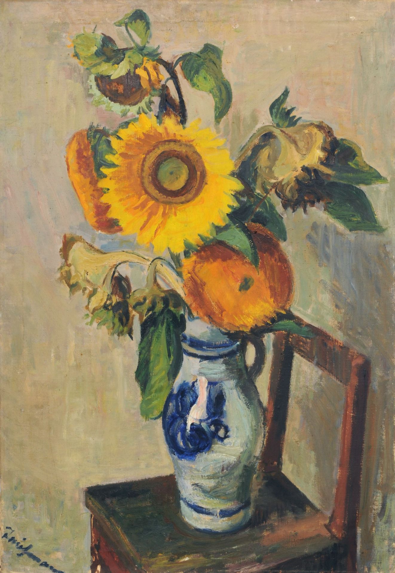 Alfred Teichmann "Sonnenblumen in grauer Vase". Um 1935.