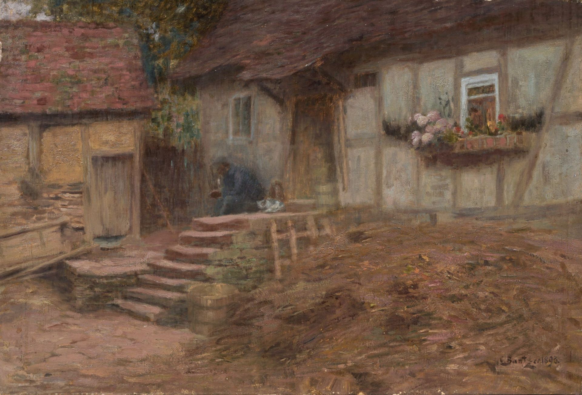 Carl Bantzer, Abendliche Ruhe vor einem Schwälmer Bauernhaus (Wittgenborn?). 1893.