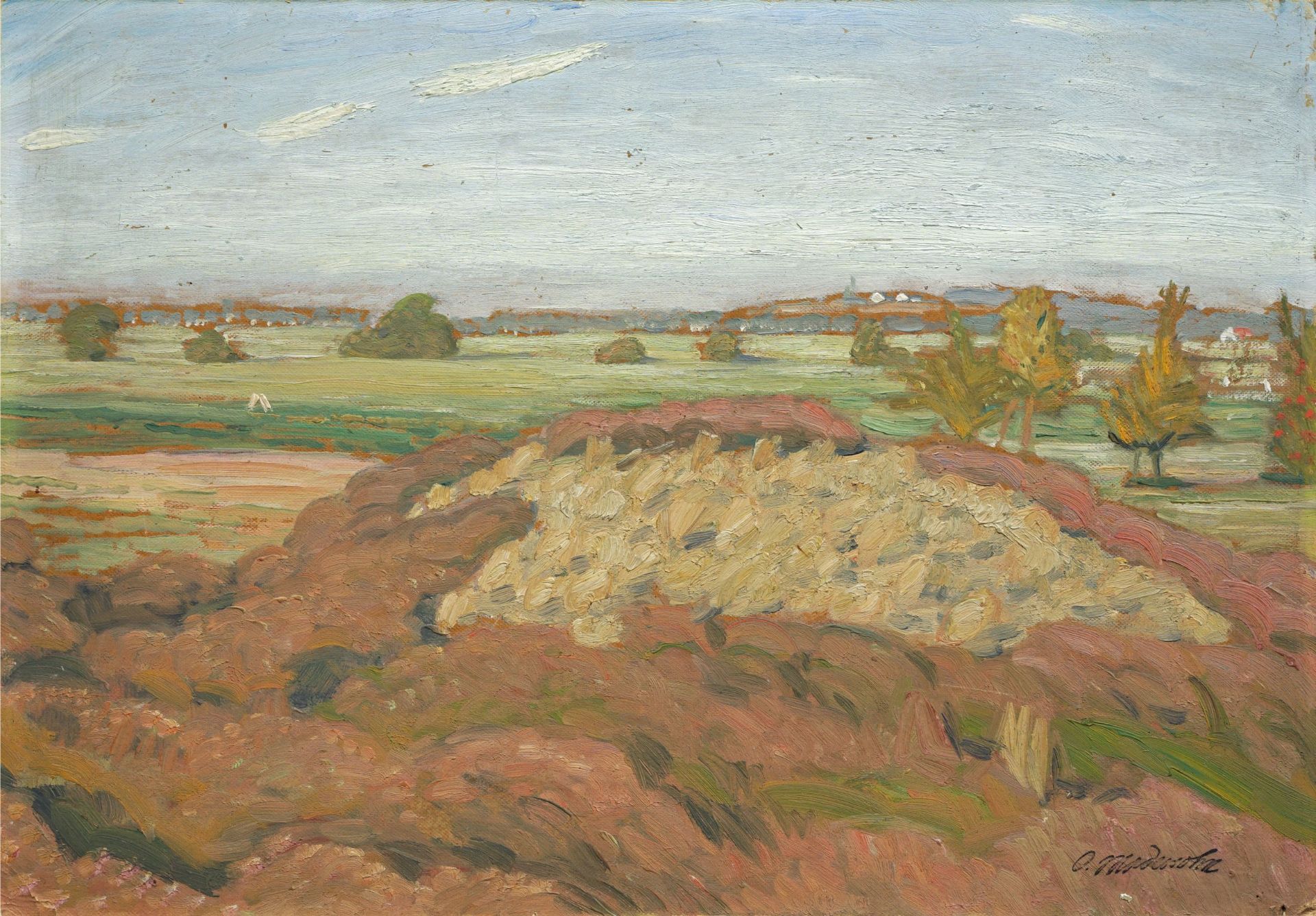 Otto Modersohn, Heide- und Wiesenlandschaft mit Blick auf den Quelkhorner Mühlenberg bei Fische...