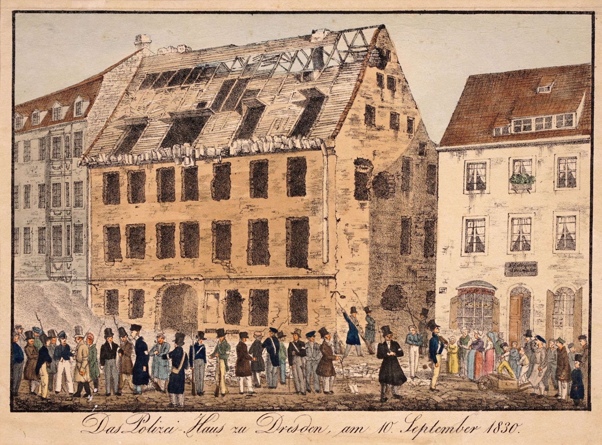 Unbekannter Künstler "Das Polizei-Haus zu Dresden, am 10. September 1830". 1830.