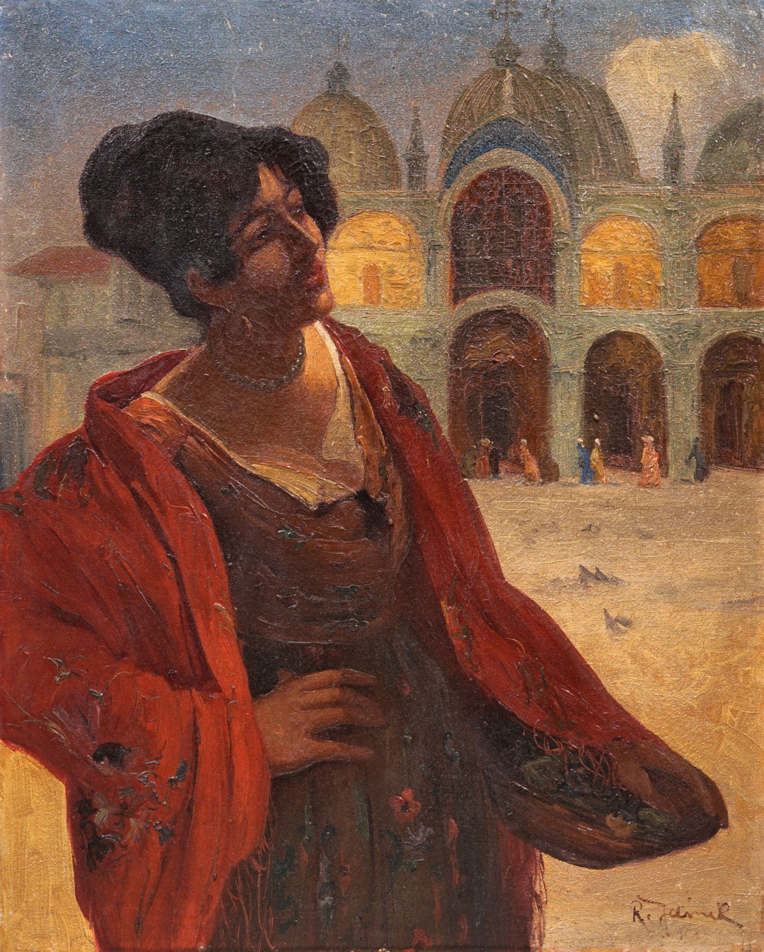 Rudolf Jelinek, Dame in Rot vor der Basilica di San Marco, Venedig. Um 1920.
