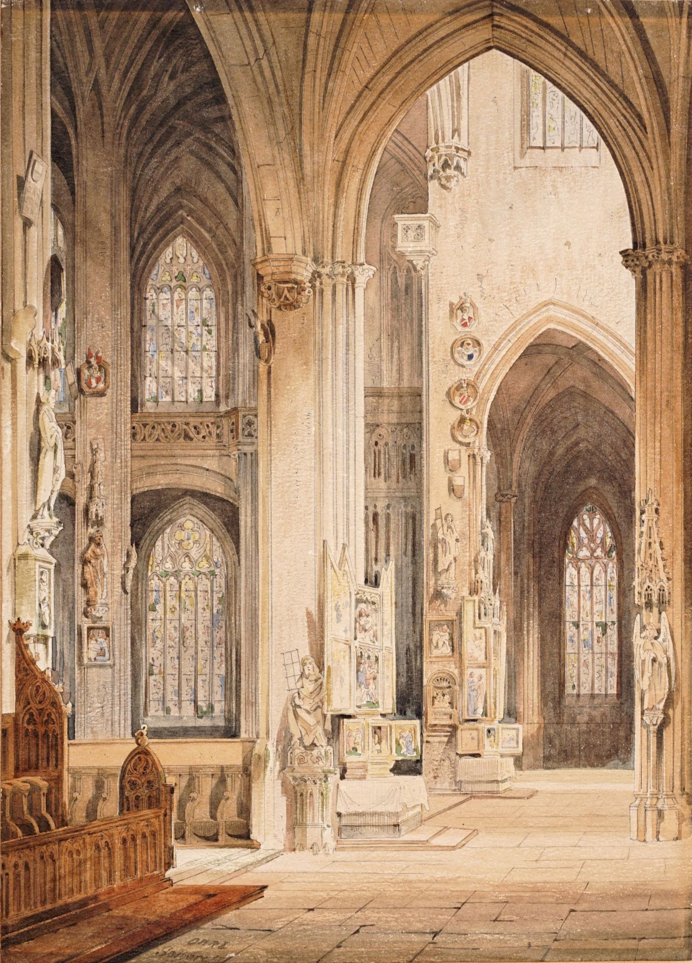 Carl Scharold, Gotisches Kirchen-Interieur, Blick in eine Seitenkapelle. Wohl 1. H. 19. Jh.