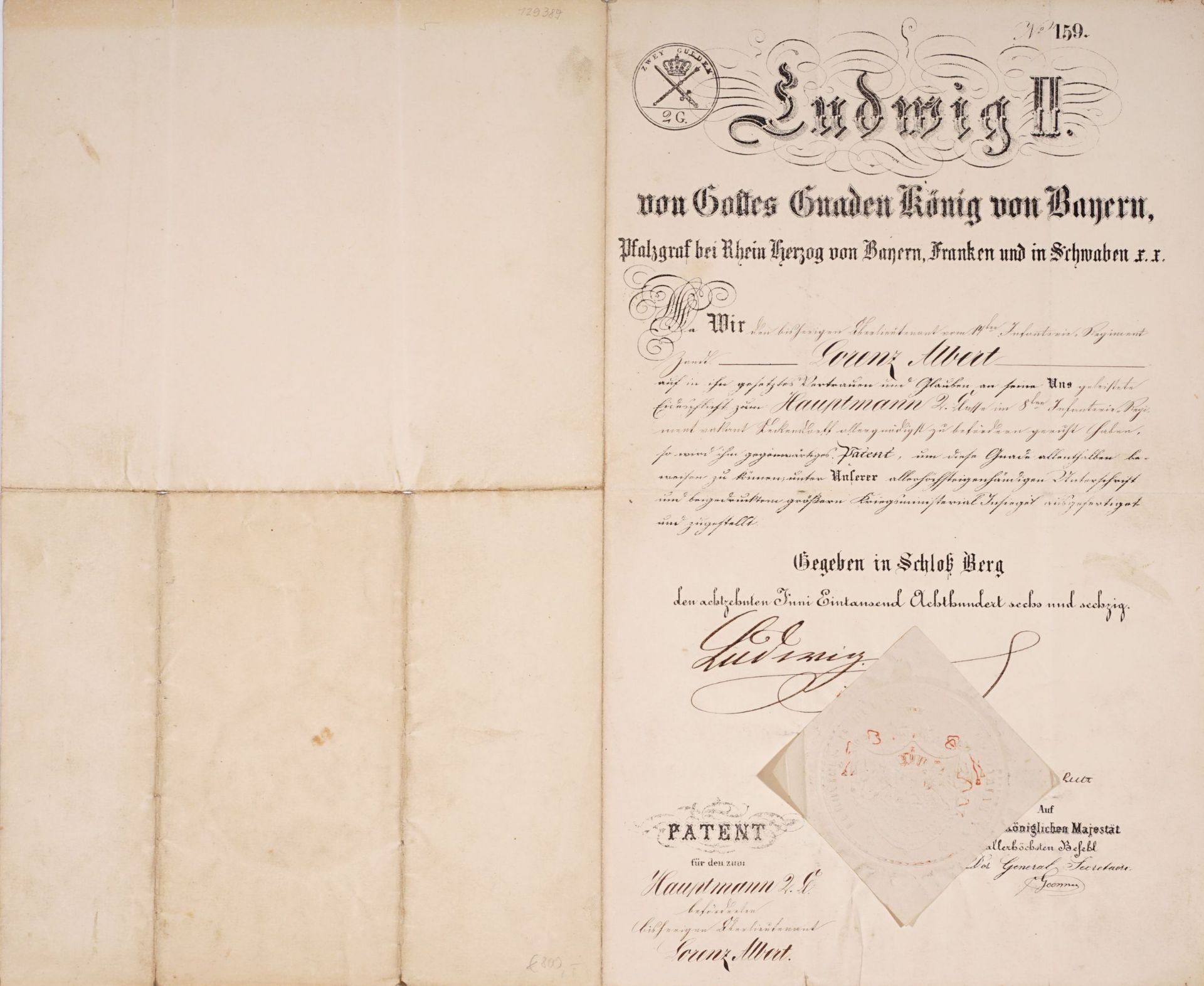 Ludwig II., König von Bayern, Hauptmanns-Patent für Lorenz Albert. 1866.