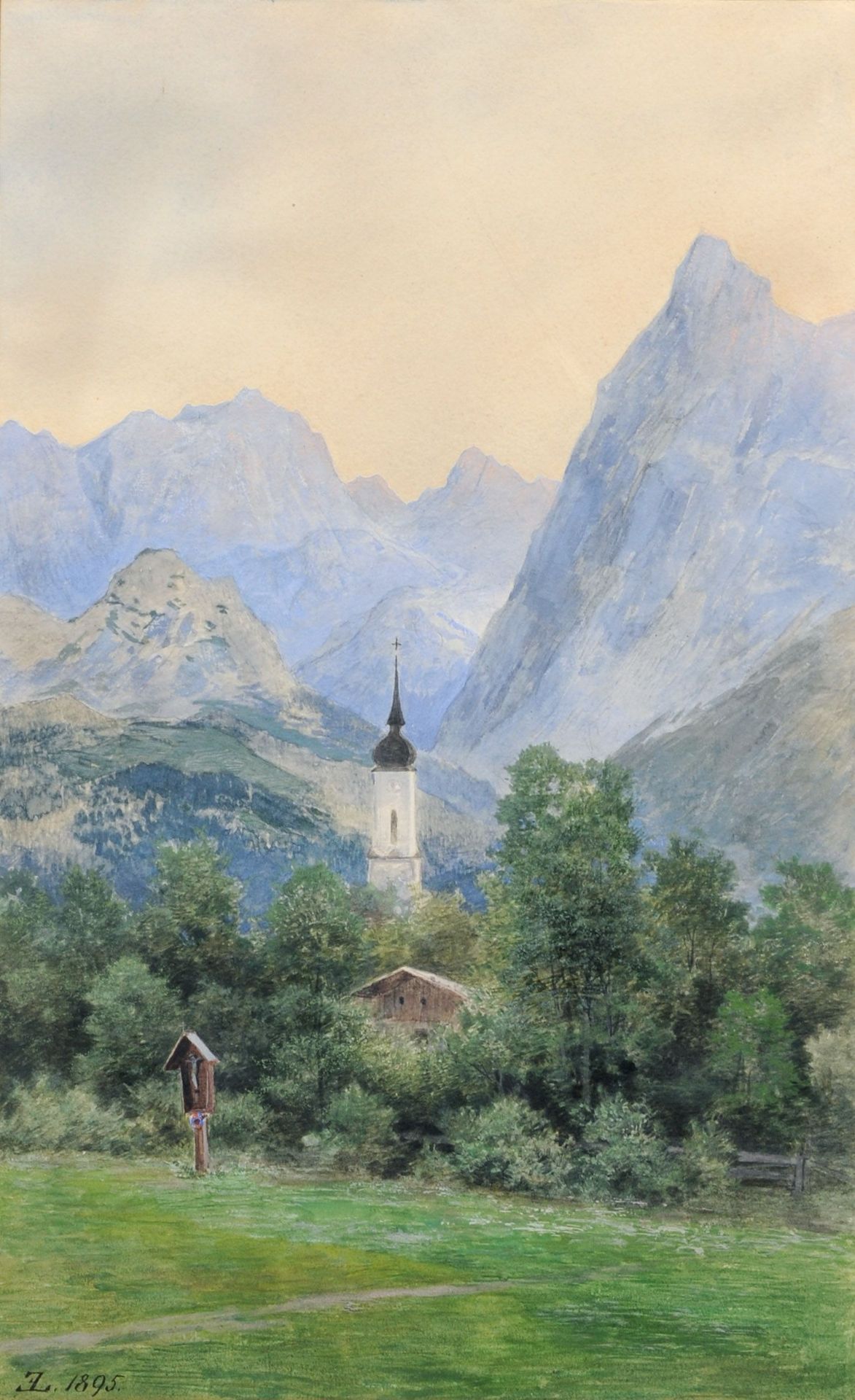 Eduard Emil August Leonhardi, Dorfkirche in den Alpen (Zugspitzmassiv?). 1895.