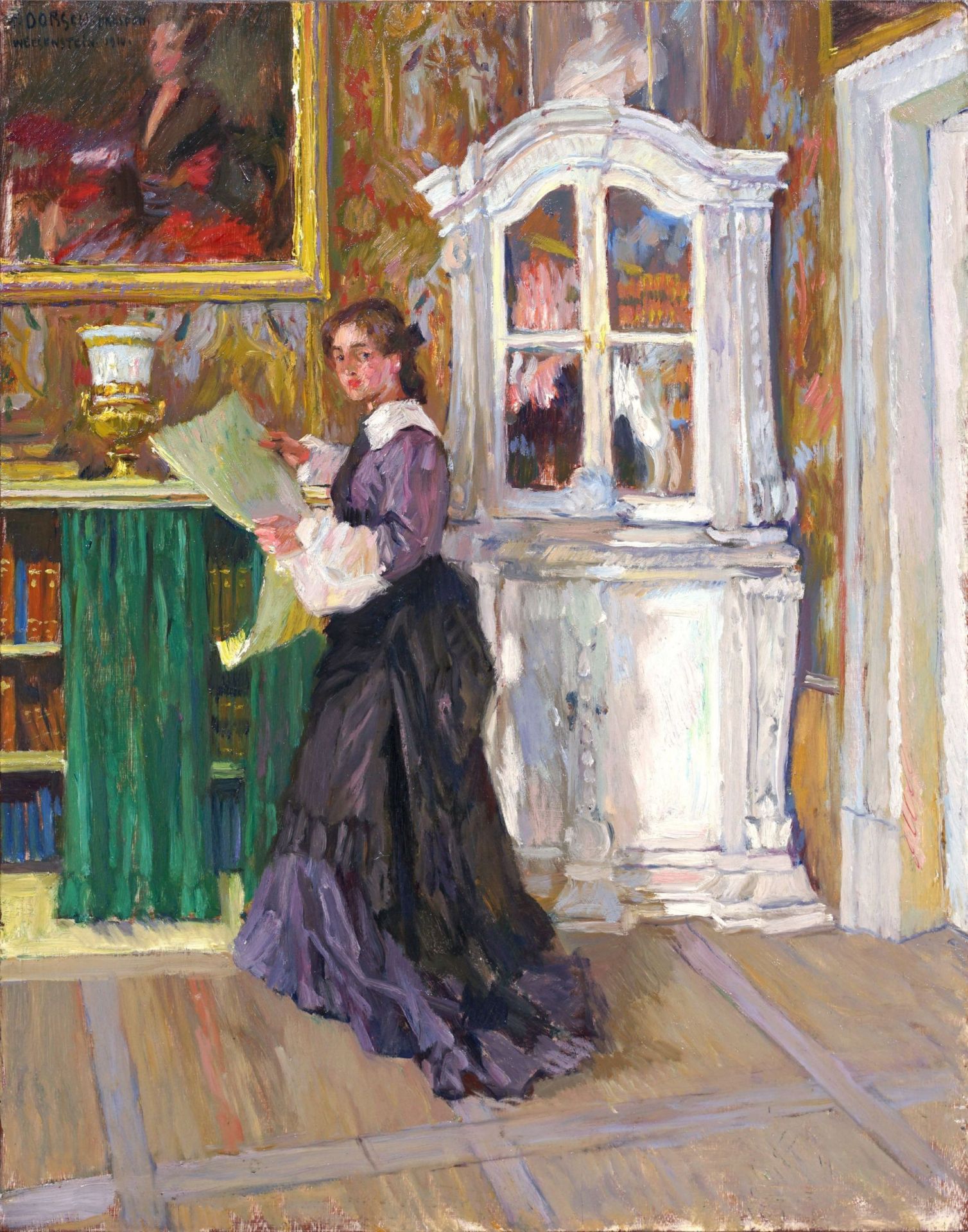 Ferdinand Dorsch "Am Bücherschrank" (Im Ledertapetensaal von Schloss Weesenstein). 1914.