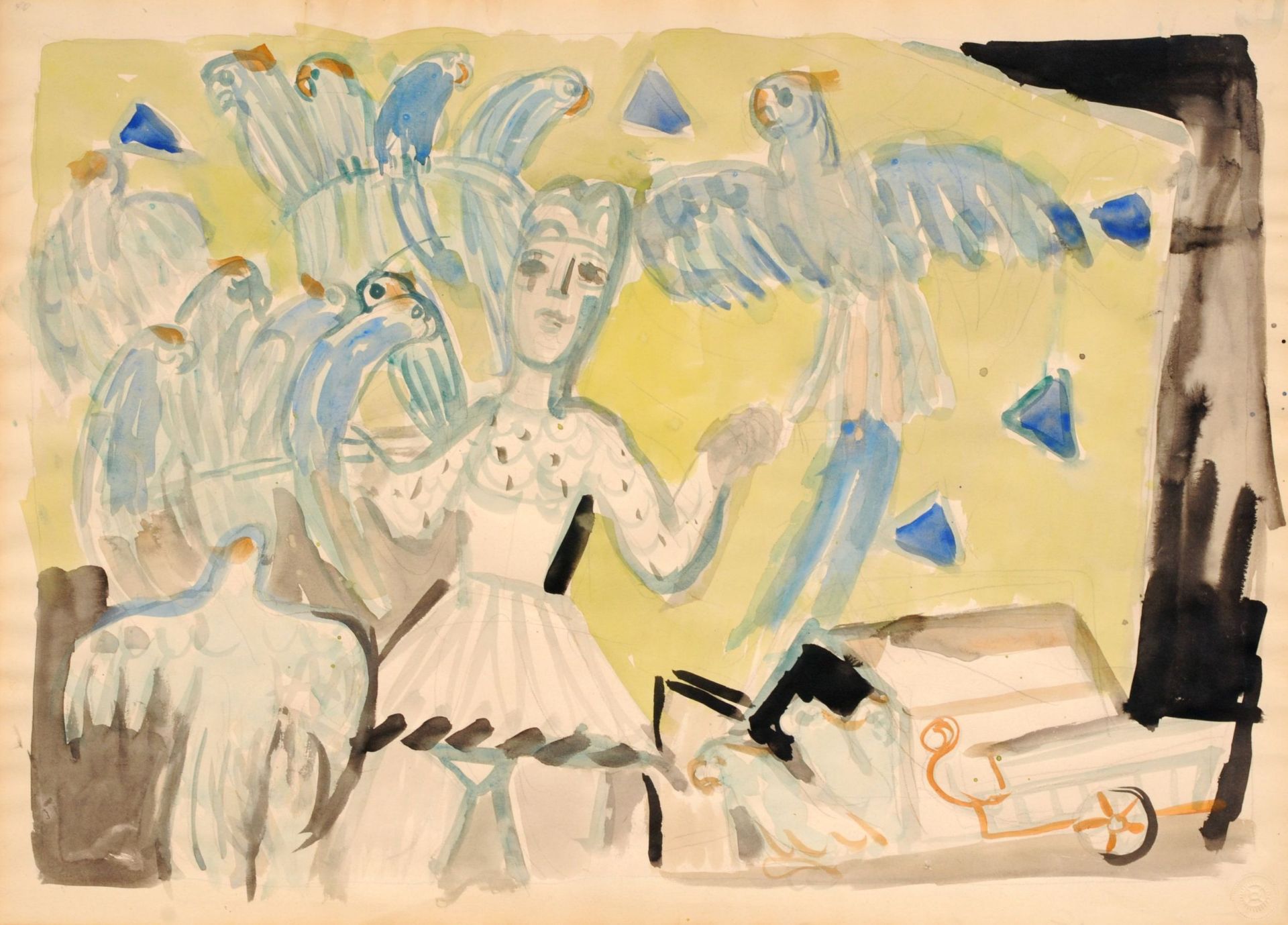 Charles Crodel "Frau mit Papageien" (Artistin mit Kakadus). Wohl 1960er Jahre.