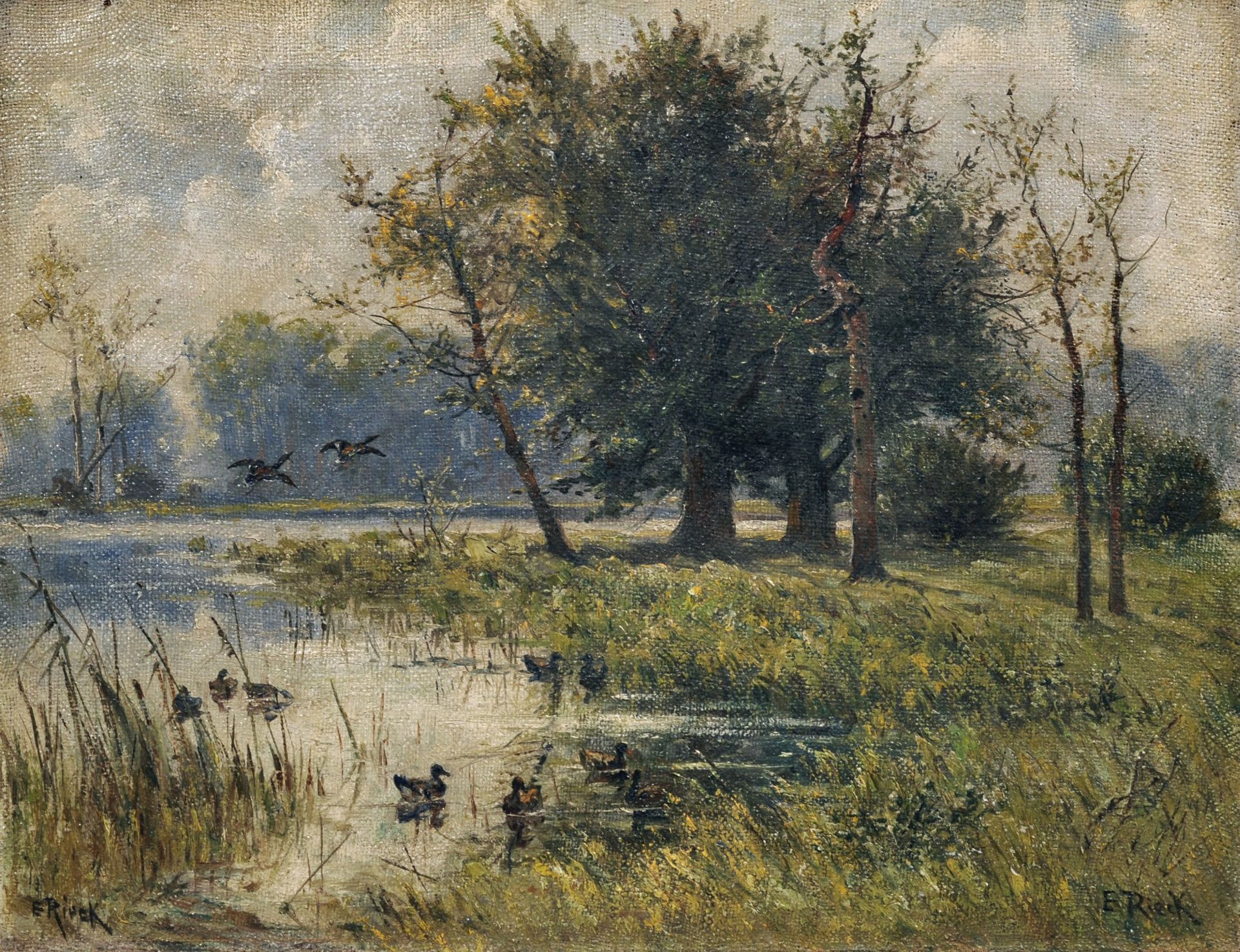 Emil Rieck, Waldweiher mit Wildenten. Anfang 20. Jh.