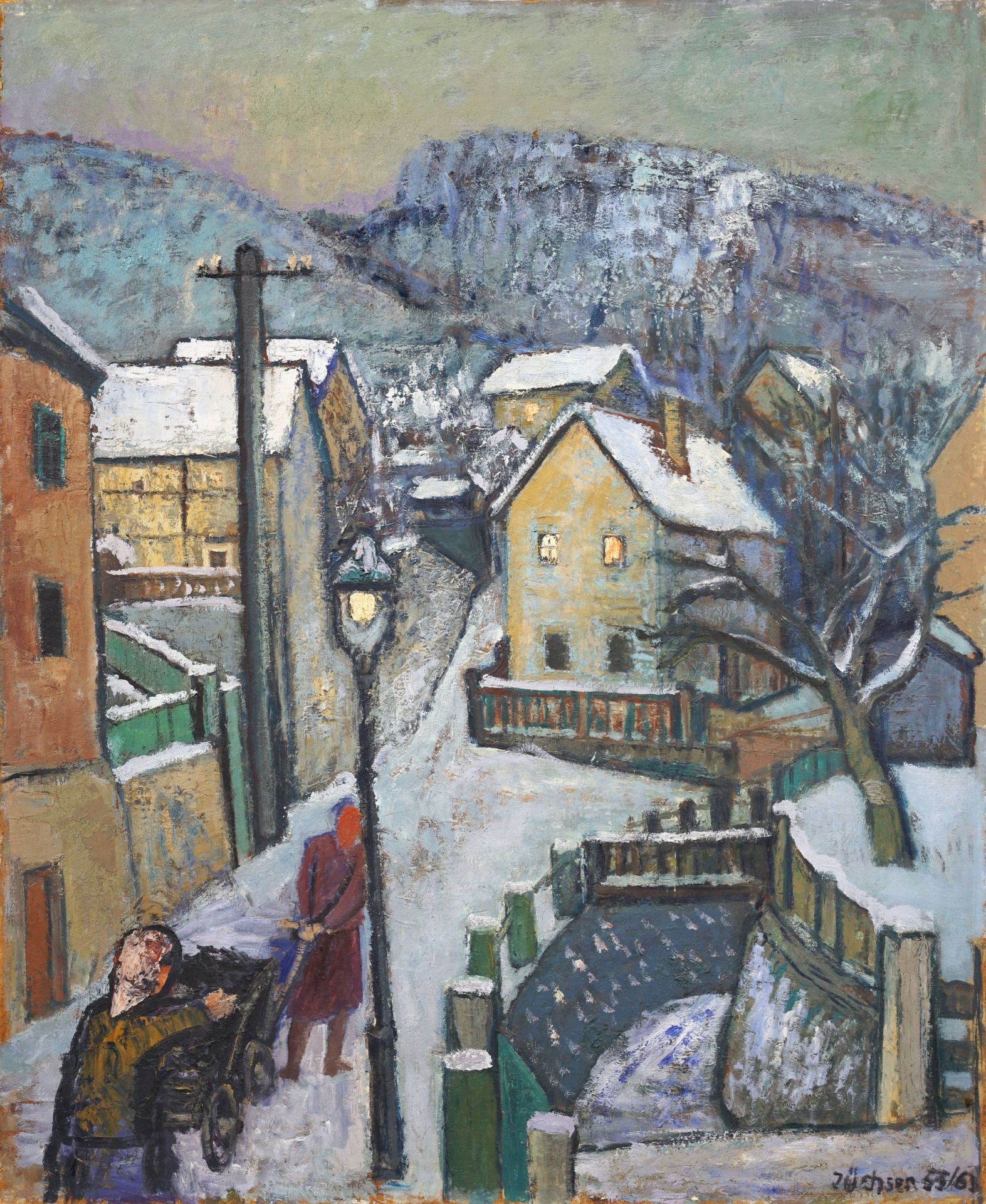 Hans Jüchser "Winterabend" (Abendlicher Wachwitzgrund mit heimkehrenden Frauen). 1955/1963.