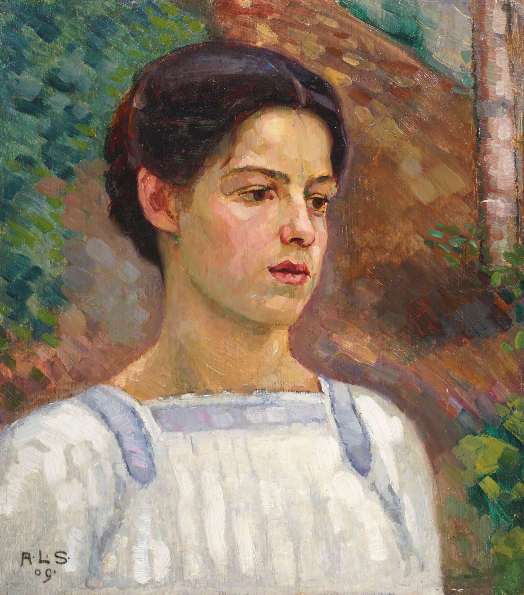 Alois Leopold Seibold (zugeschr.), Porträt einer jungen Frau in weißem Kleid. 1909.