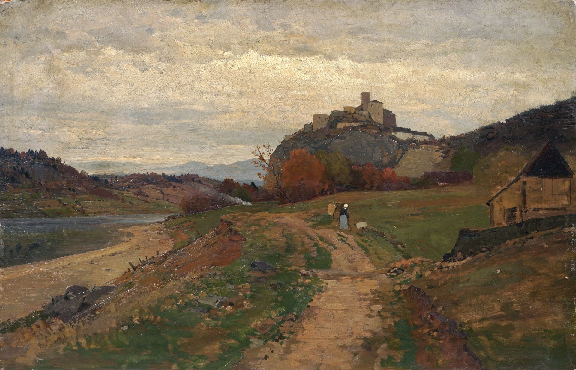 Rudolf Heinrich Schuster (zugeschr.), Blick auf Burg Schreckenstein an der Elbe. 1871.