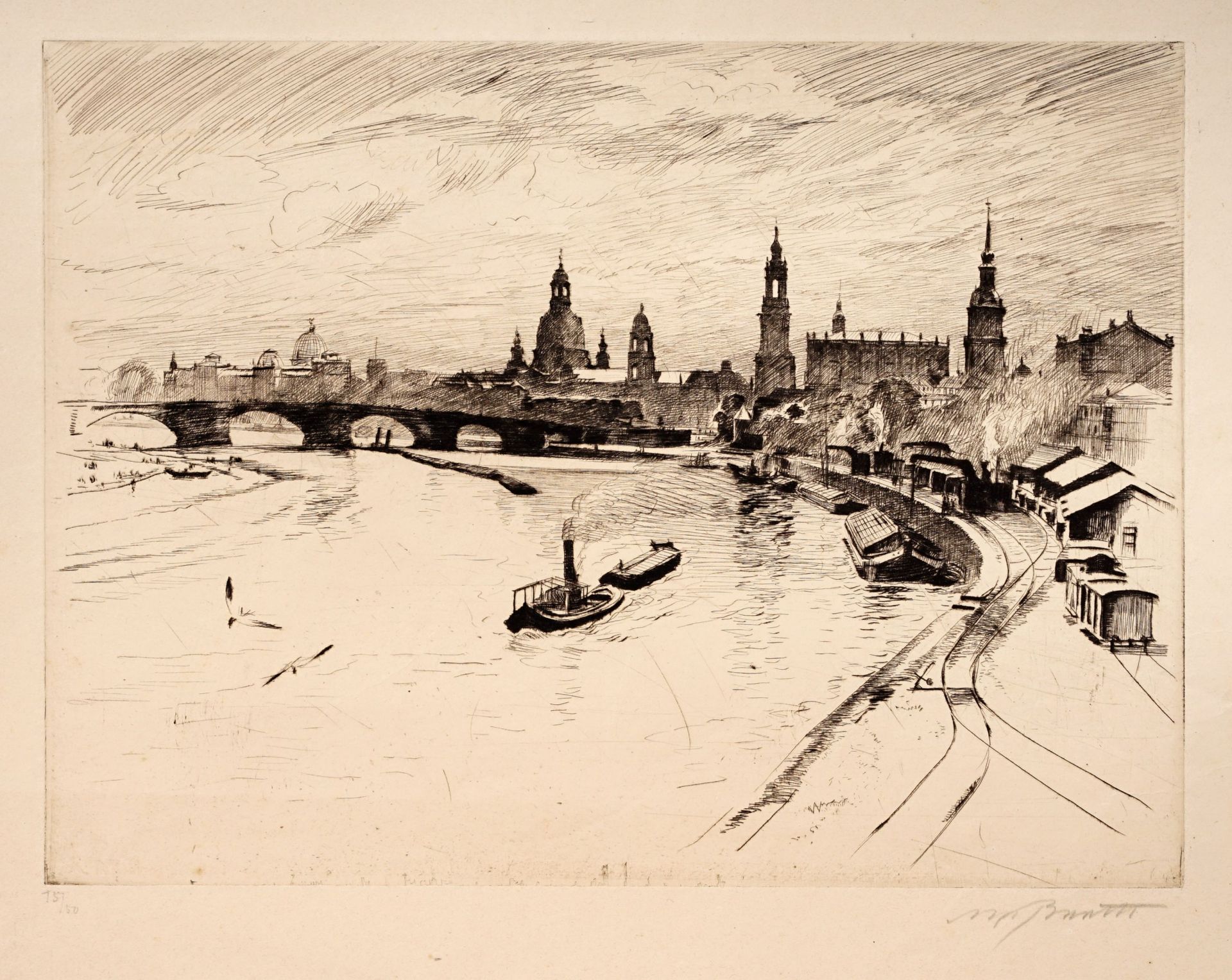 Julius Arthur Barth, Dresden – Bahnanlagen an der Elbe mit Blick zum Stadtschloß und zur Frauen...