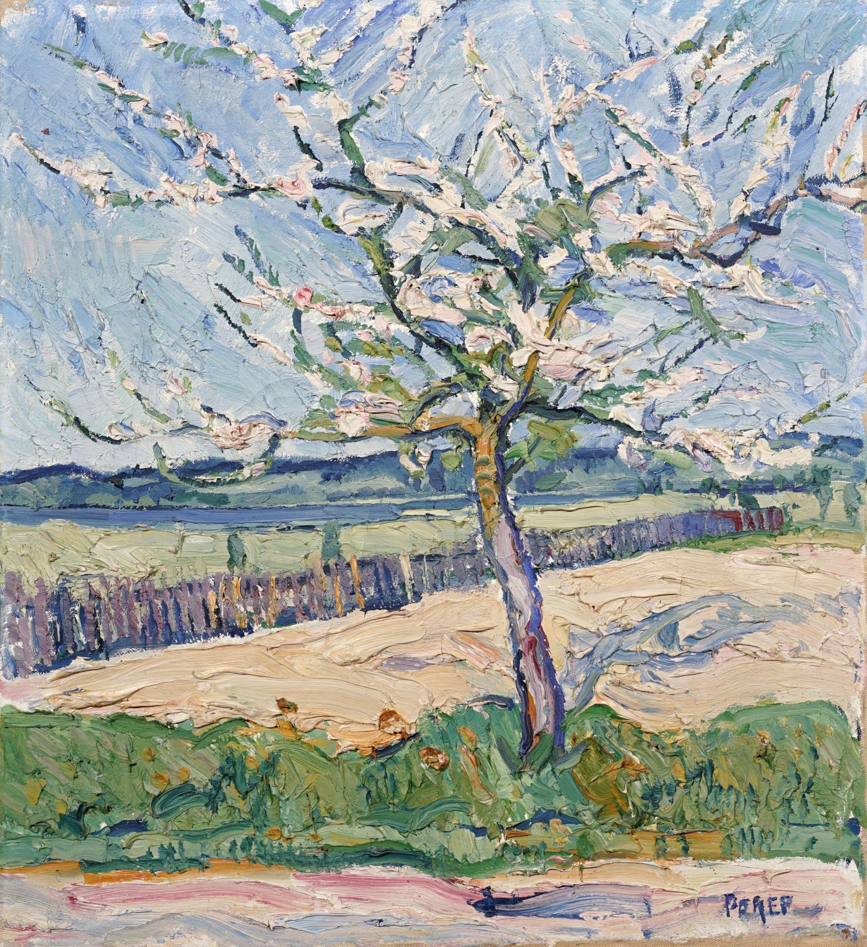 Heinz Porep, Blühender Baum in einer Frühlingslandschaft. 1920er Jahre.