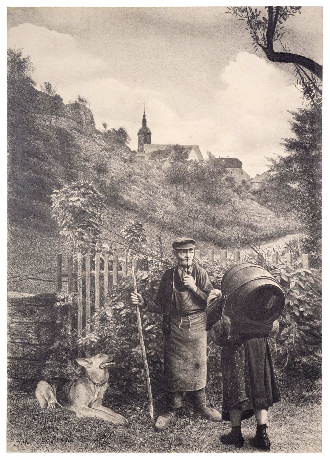 Richard Müller "Bauernpaar mit Hund in Dohna" (Blick auf die Marienkirche). 1939.