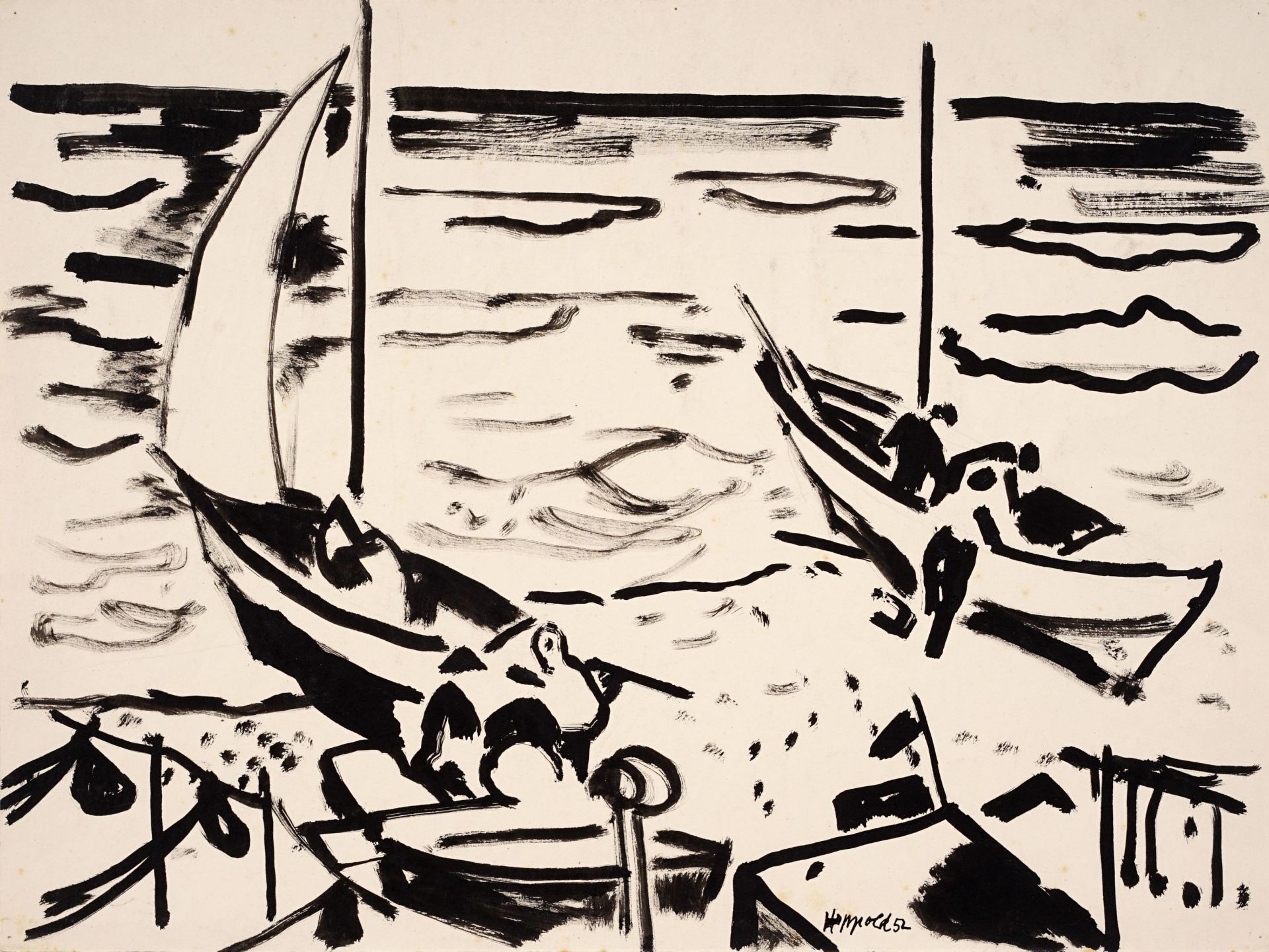 Erhard Hippold, Fischerboote / Zwei Angler / Fischer am Strand. 1951 / 1946/1952. - Bild 3 aus 3