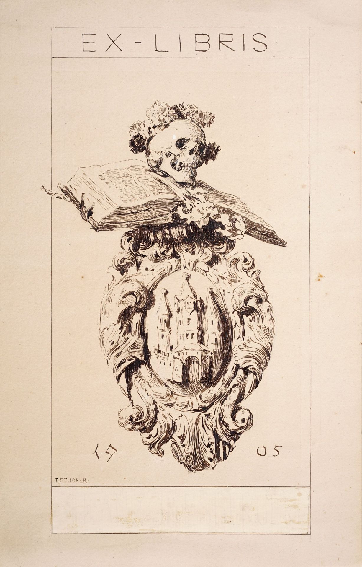 Theodor Josef Ethofer, Exlibris – Memento mori mit Buch und Totenschädel. 1905.