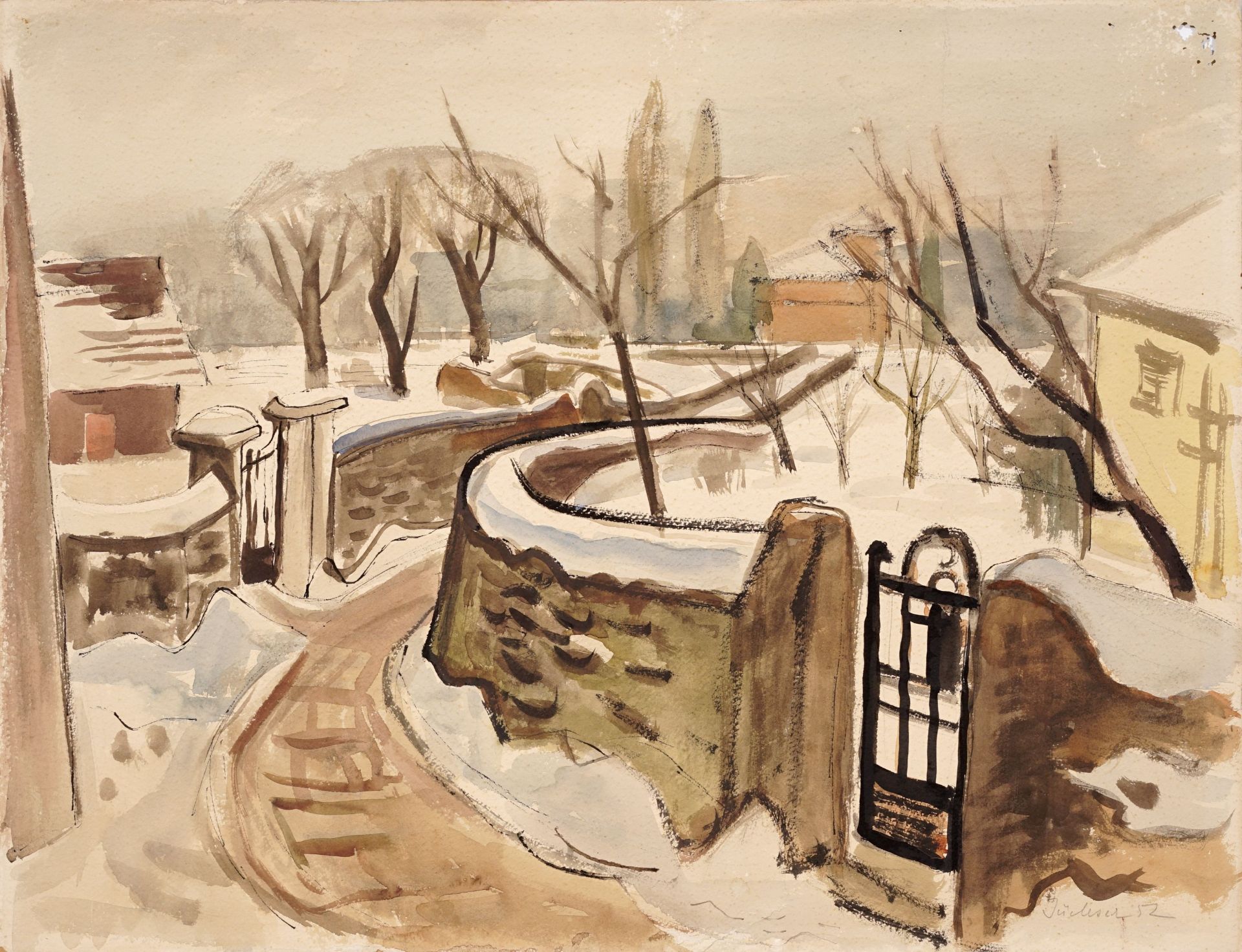 Hans Jüchser, Winter am Kotzschweg (Dresden-Loschwitz / Wachwitz). 1952.