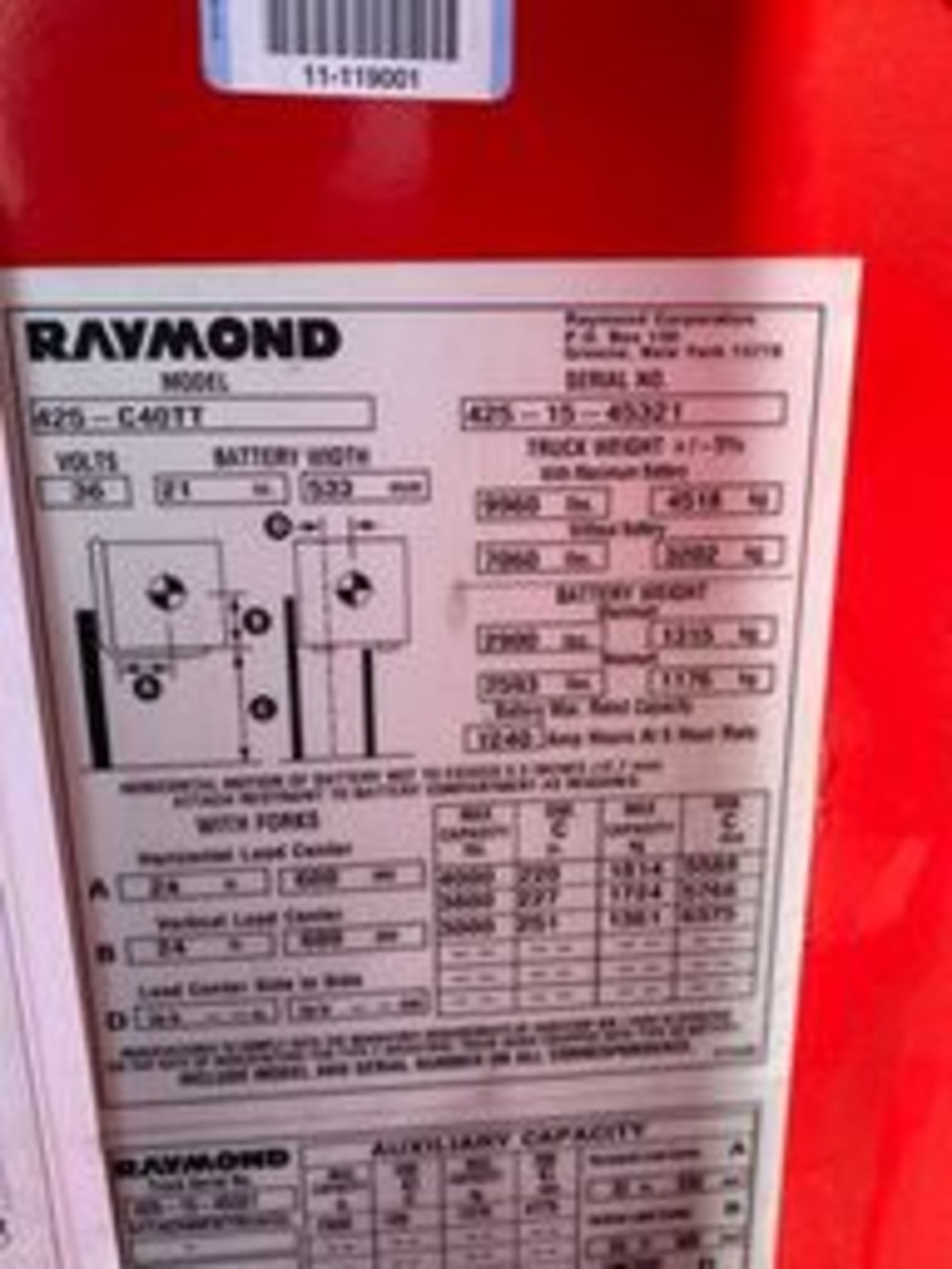 Raymond Forklift, Model #425-C40TT, S/N #425-15-45321, Truck Weight W/ Max Battery = 9960 Lb - Image 9 of 10