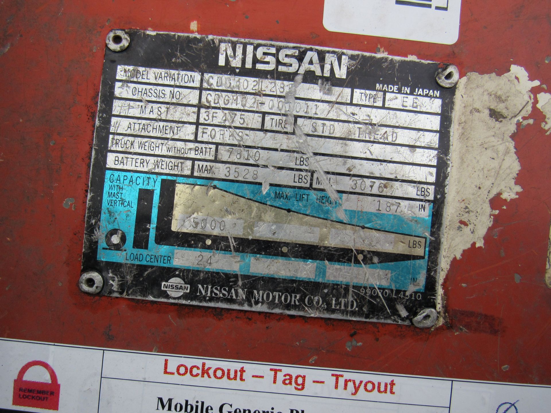 Nissan Forklift, Model #CDGMO, Type = EE, Max Lift Height = 187 Inches - Image 6 of 8
