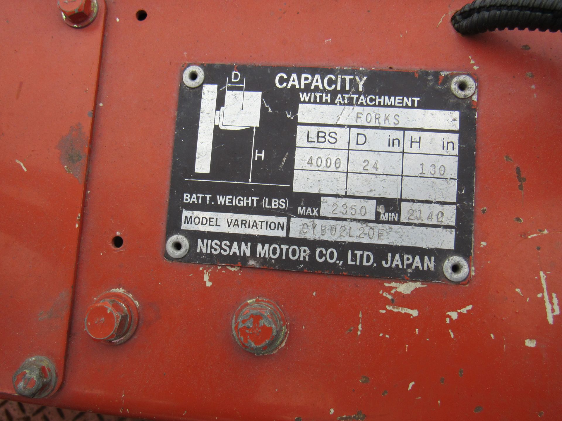 Nissan Forklift, Model #CYB02, Variation #CYB02L20E, Type = EE, Truck Weight 6019 Lb, Hours = 2055 - Image 4 of 11