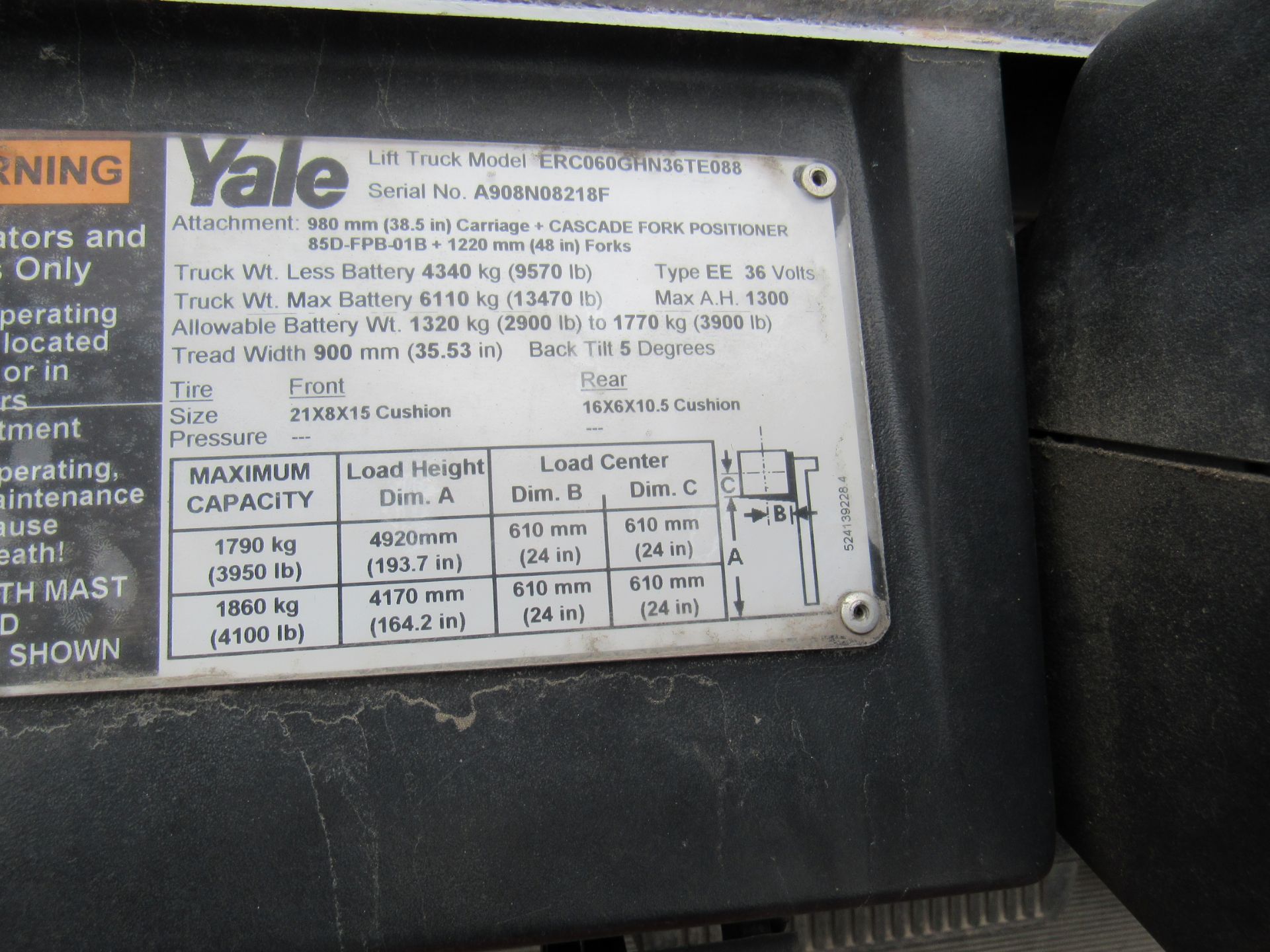 Yale Forklift, Model #ERC060GHN36TE088, S/N #A908N08218F, Truck Weight W/ Max Battery = 13470 Lb - Image 4 of 8