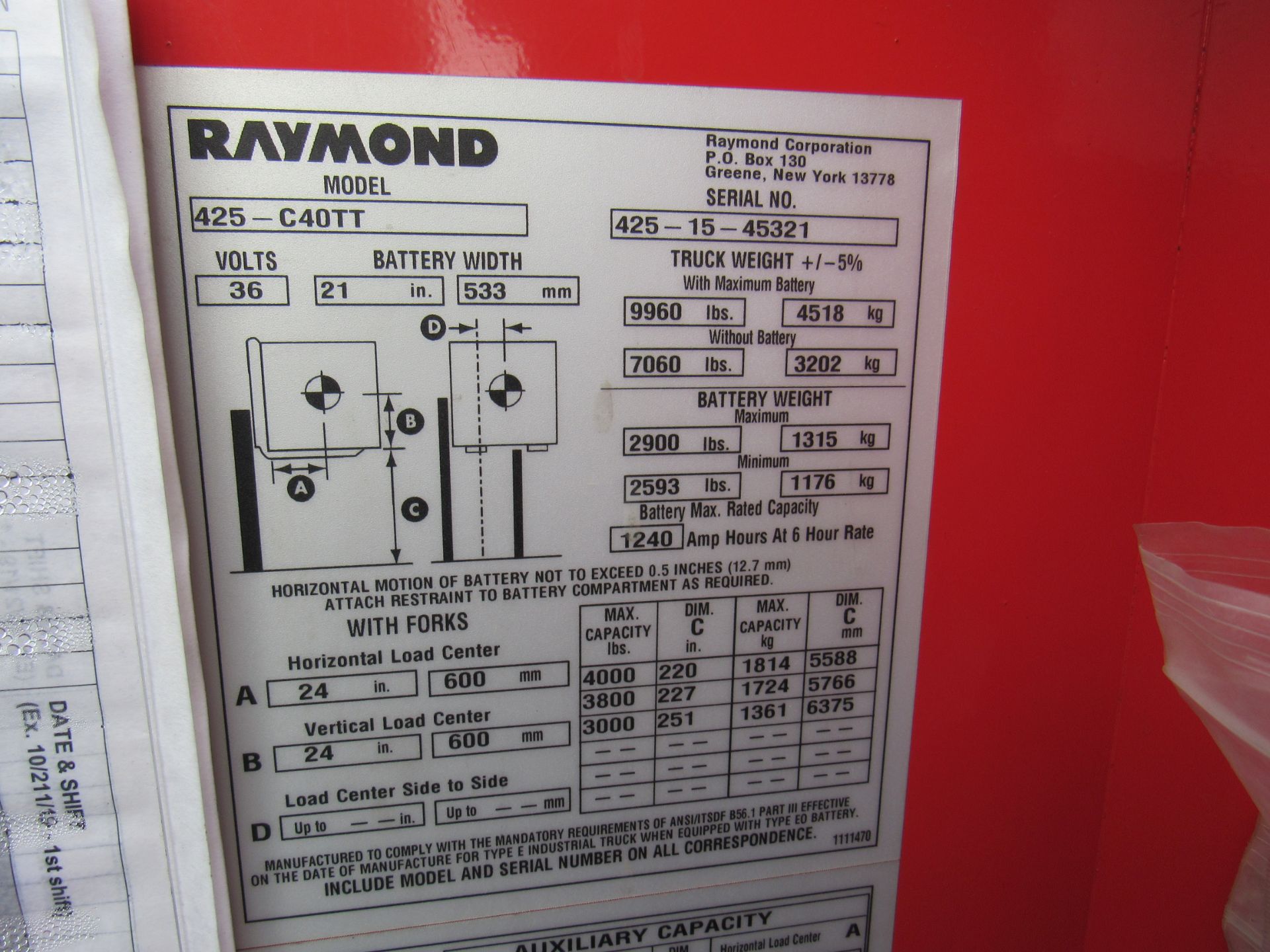 Raymond Forklift, Model #425-C40TT, S/N #425-15-45321, Truck Weight W/ Max Battery = 9960 Lb - Image 6 of 10