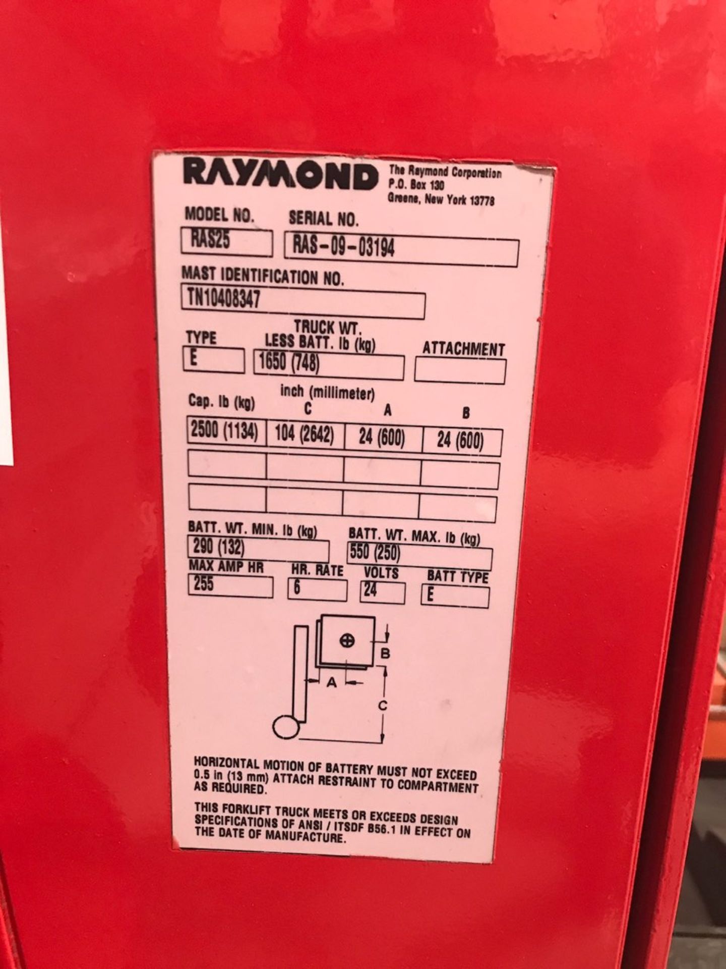 (LOCATED IN CANADA) Raymond Walkie Straddle Truck, Model# RAS25, Serial# RAS-09-03194, 24V - Image 2 of 5