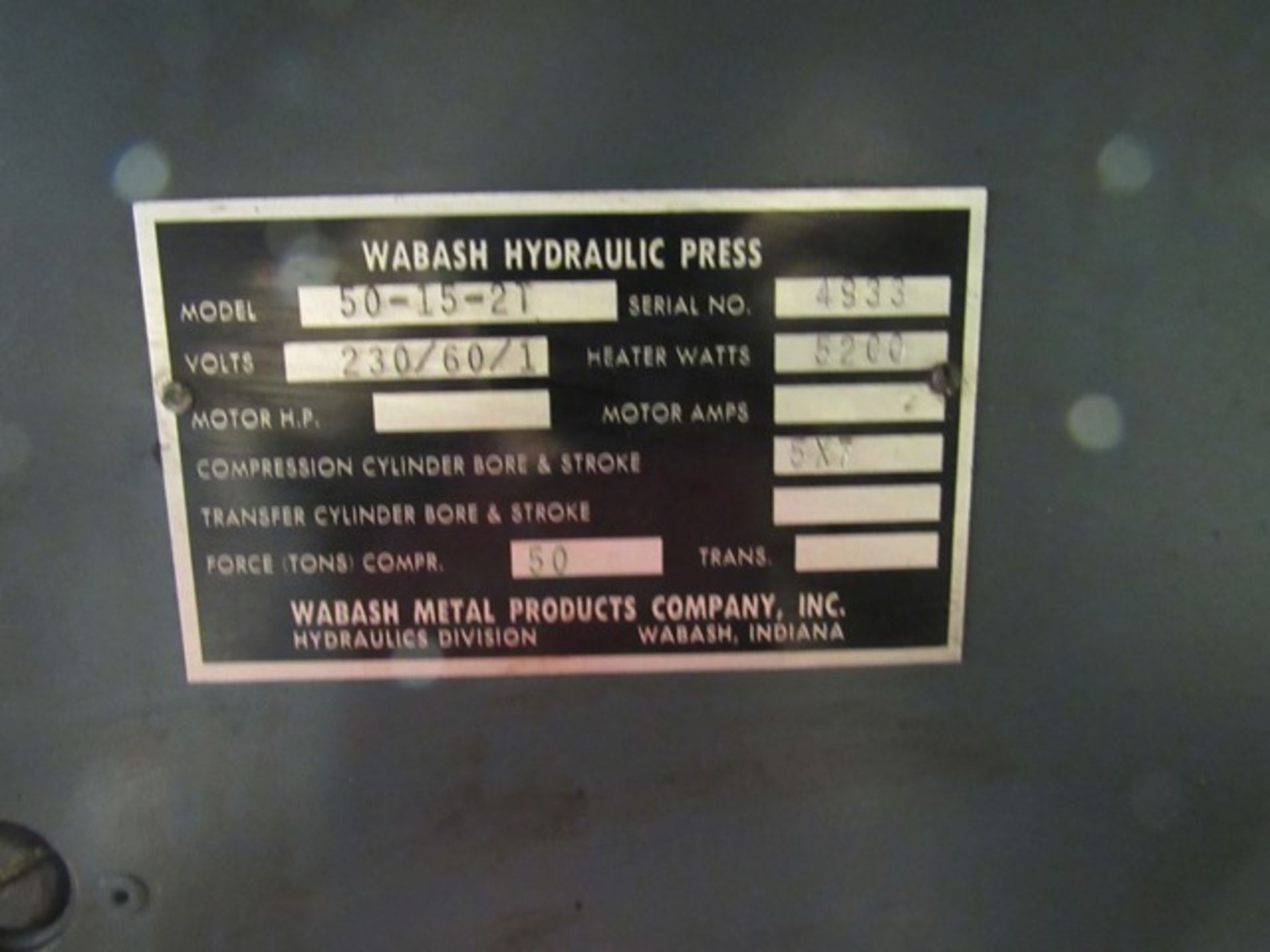 Wabash Hydraulic Press, Model #50-15-21, Volts 230, Hz 60, S/N #4933, Rigging Fee: $450 - Image 3 of 5