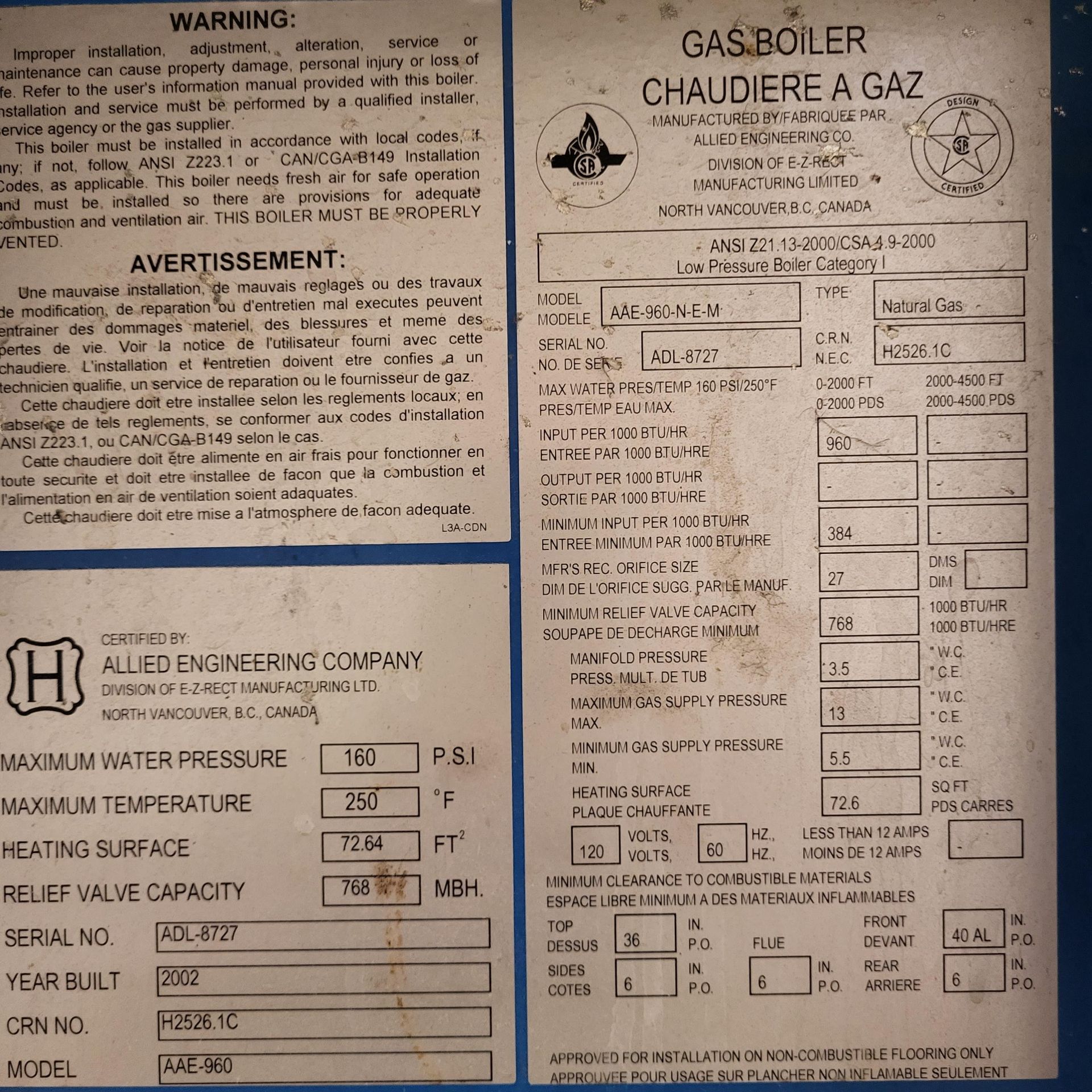 Allied Engineering Hot Water Boiler, AAE-960-N-E-M, 960MBH input 768MPH output - Image 3 of 7