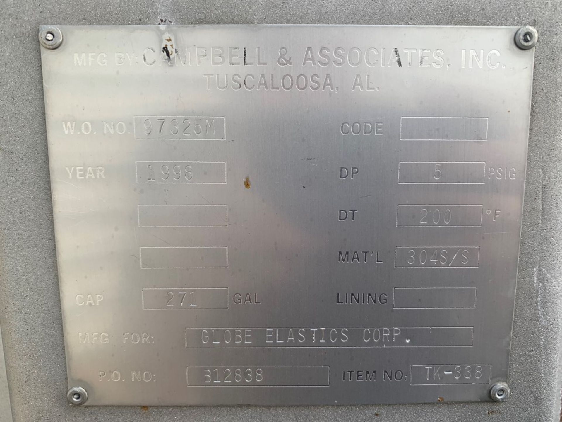 Approx 5.5’ x 3’ 271 Gal Campbell 304 Stainless Steel Tank Manuf: Campbell Category: Tank Capac - Image 6 of 9