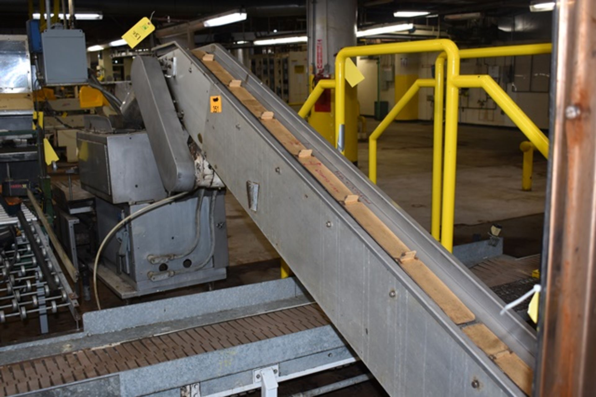 GF Equipment packer feeder, s/n 19, with incline take away conveyor, 3"W belt with 1-1/2"H