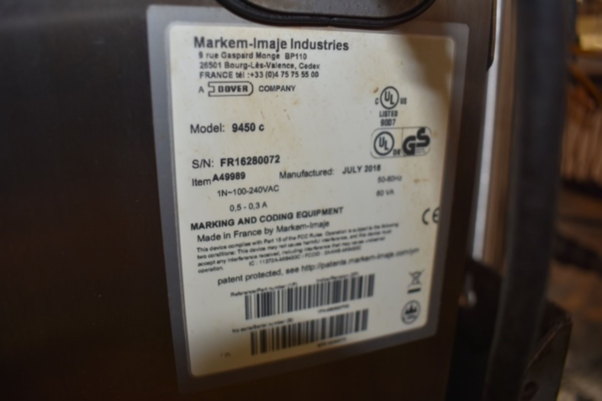 Markem Imaje a line coder, model 9450, s/n FR16280072, 1N-100-240Vac, 50/60hz, with type A49569 s/ - Image 2 of 3