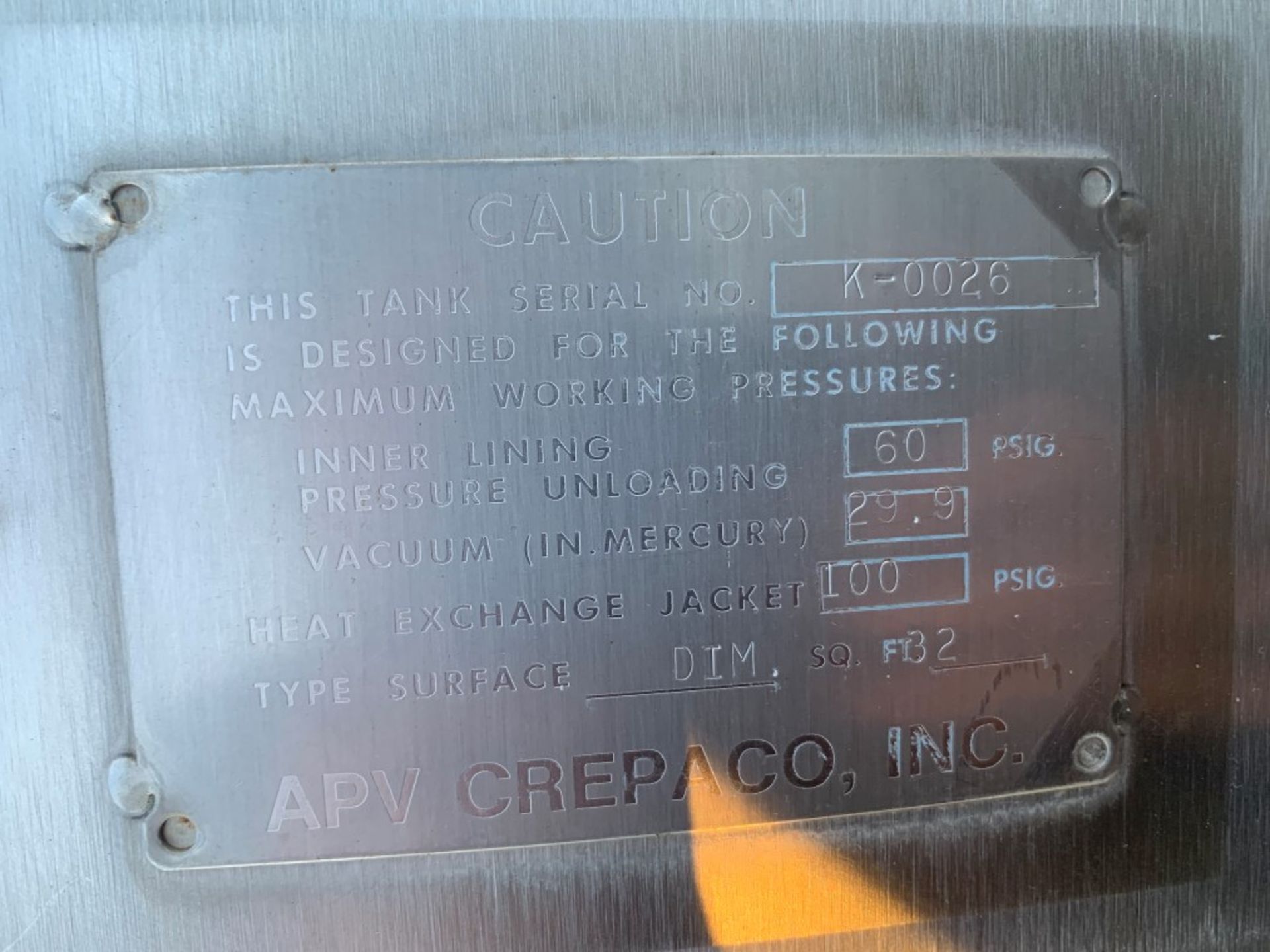 Approx 7’ x 5’5 800 Gal APV Crepaco Stainless Steel Vessel Tank Manuf: APV Crepaco Capacity: 8 - Image 9 of 9