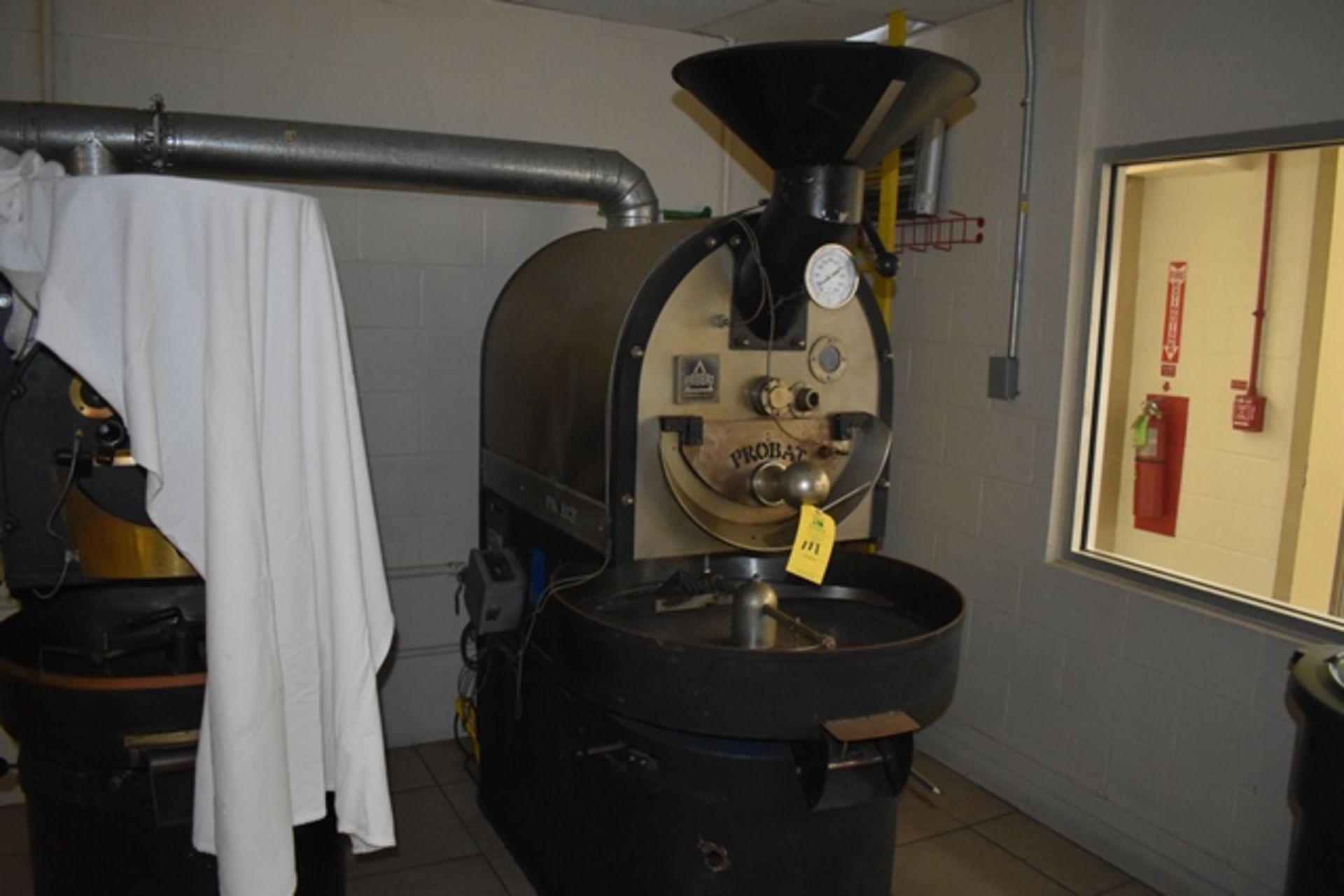 Probat coffee roaster, model L12, s/n 924011, 110 V, single phase, 60 Hz, 12 V, natural gas, 96000