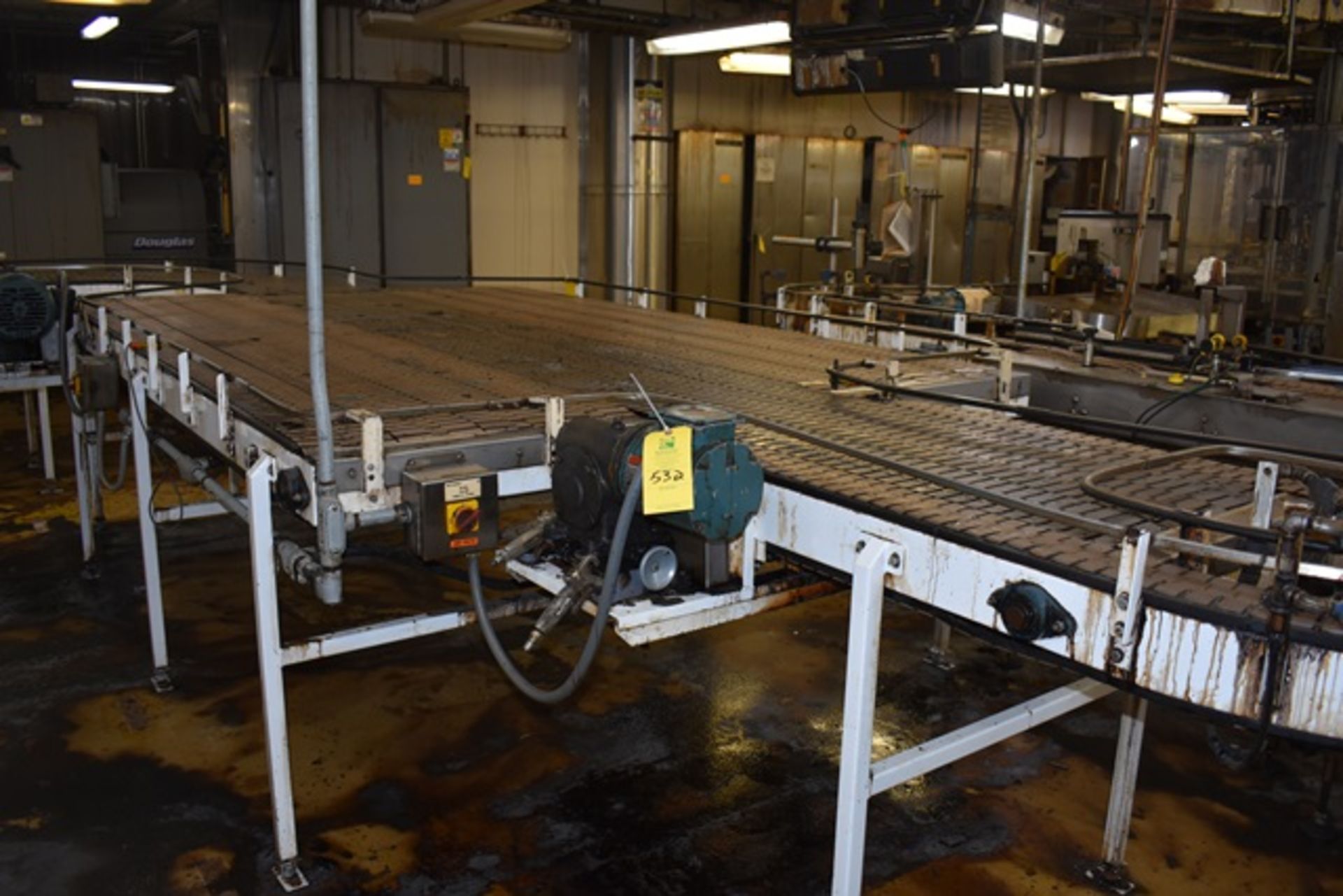 Accumulating Table, 11'L x 7'W x 40"H with 90 deg combiner table to labeler,(1) 6'L x 5"w 180deg, (