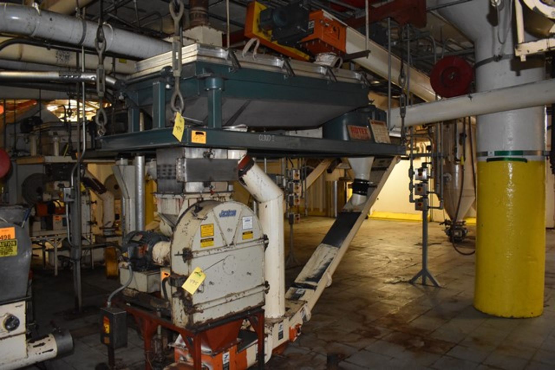 Jacobson hammermill, model P-160-DFF, s/n 37859, with 4" dia screw feeder, 10hp drive @ 9:95 ration,