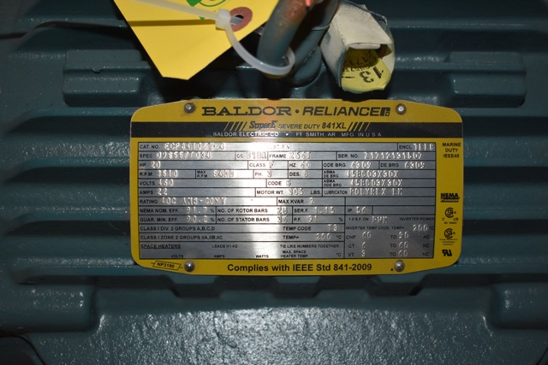 Baldor motor, model ECP84106T4, 20 hp, 460 V, 60 Hz, 22 amps, 3510 rpm - Image 2 of 2