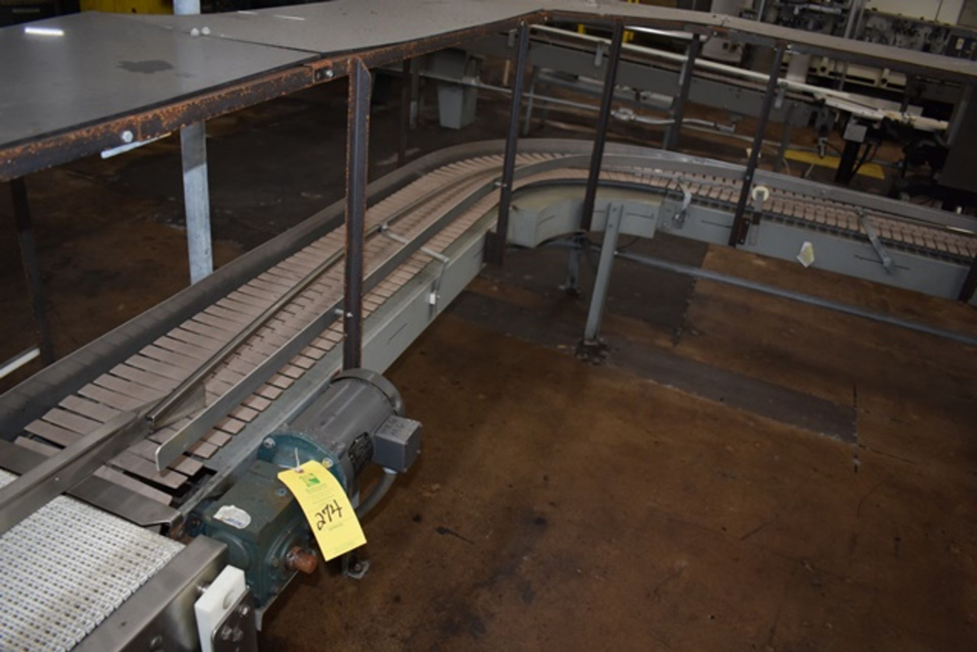 Empty Case Carton Conveyor, 180 deg 12"W x 42'L with (2) Gear drives, guides, slotted conveyor belt,