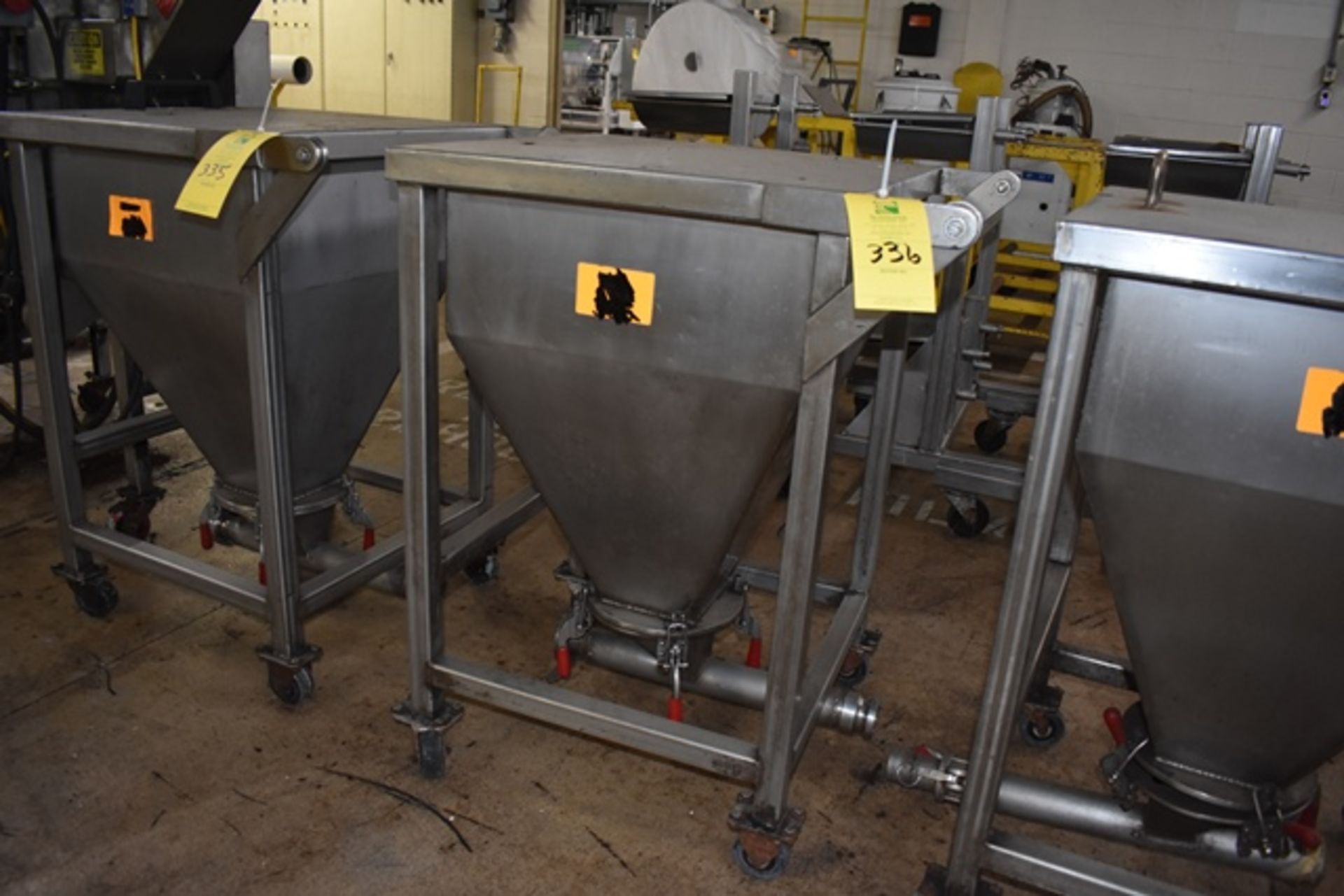 Stainless Hopper, 18"L x 18"W x 28"deep with hinged top lid cover, wire weld safety screen, 2"dia