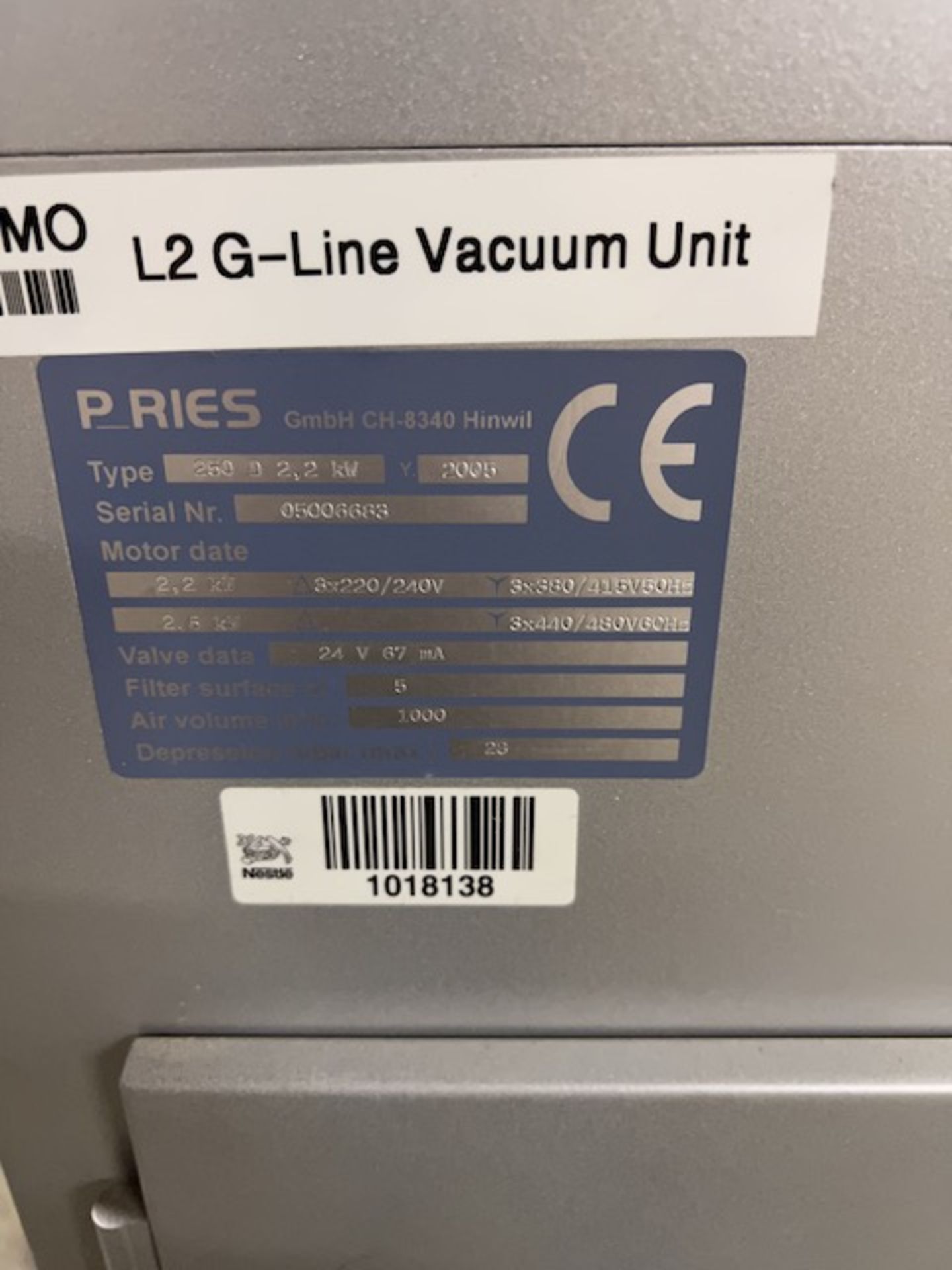 P_Ries G-Line Vacuum Unit, Model #250 D 2.2 KW, DOM 2005, S/N #05006688, Located in Deshler, OH - Image 6 of 6