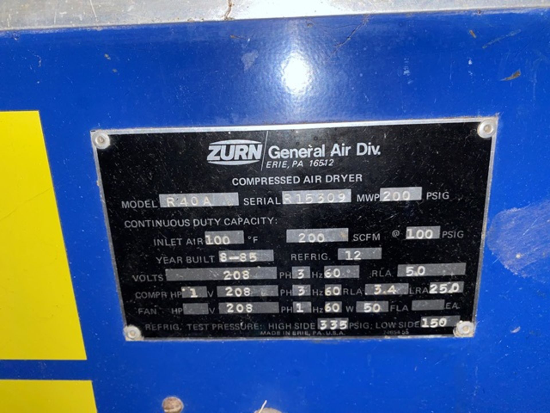 Zurn Compressed Air Dryer, Model #R40A, S/N #R15309, Located in Deshler, OH - Image 2 of 8