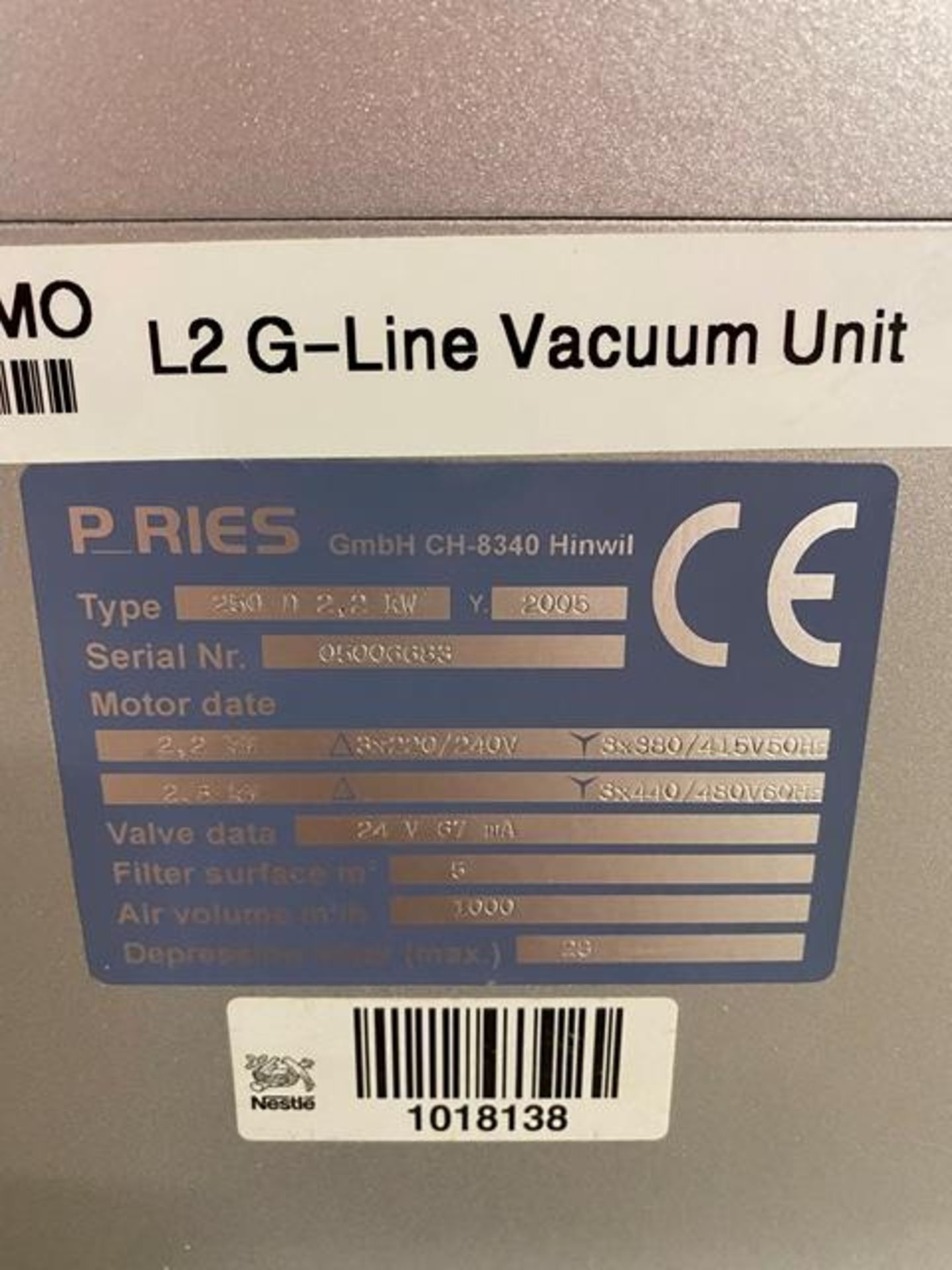 P_Ries G-Line Vacuum Unit, Model #250 D 2.2 KW, DOM 2005, S/N #05006688, Located in Deshler, OH - Image 3 of 6