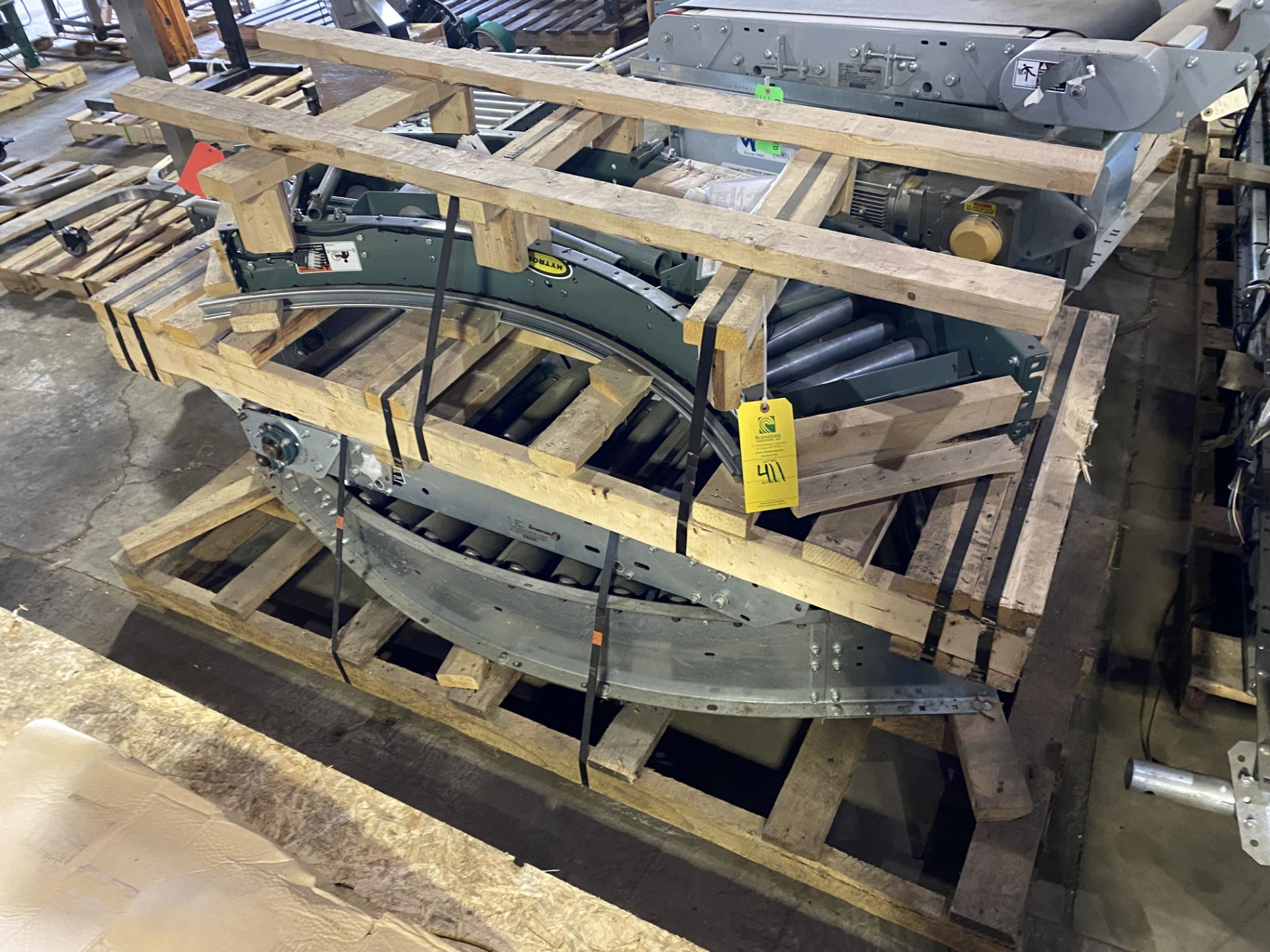 Pallet of Green Hytrol Conveyors, (5) Pieces 10" W x 120" L, (3) 45* Turns, Located in Ottawa, OH