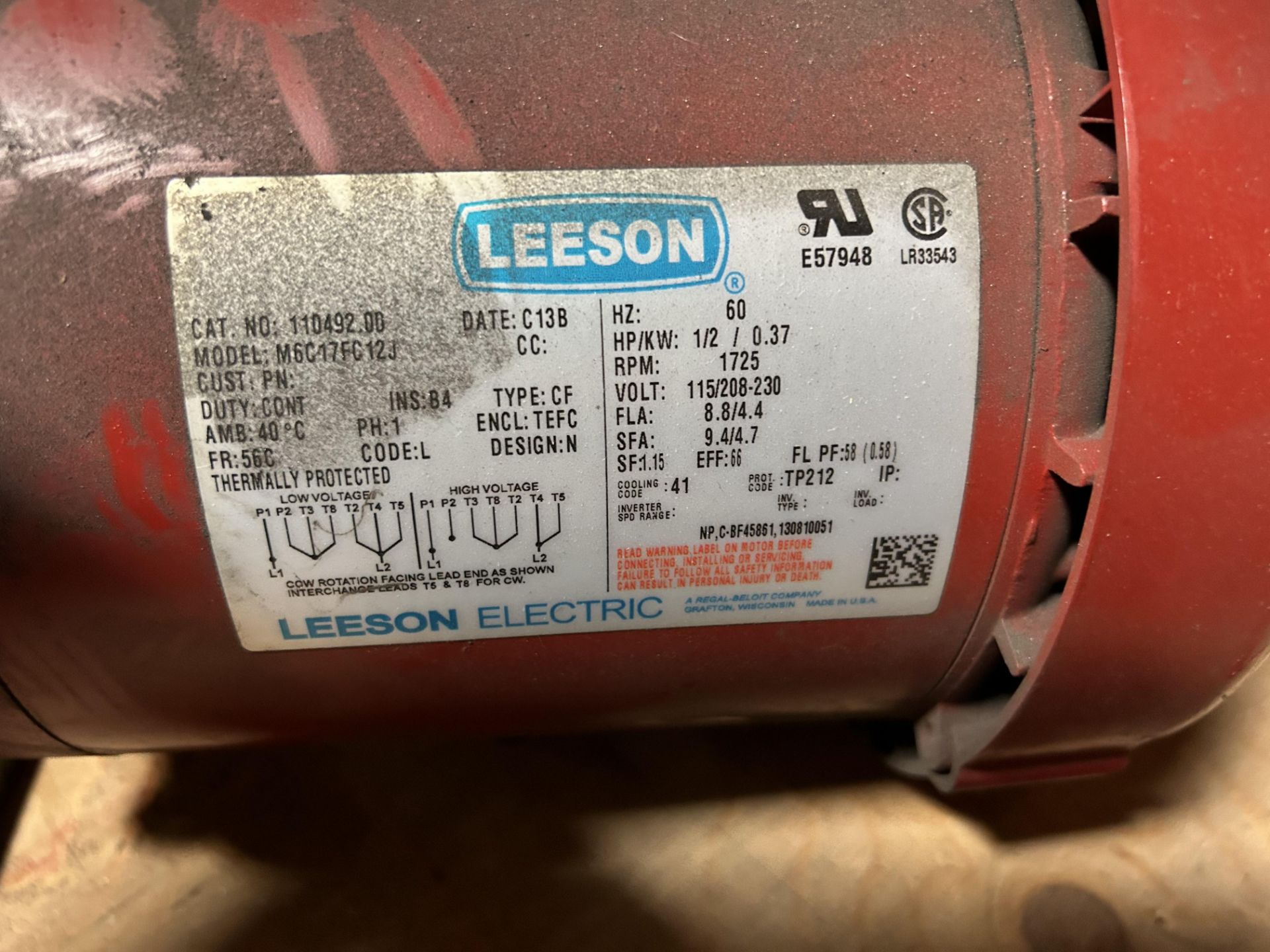 Leeson 1/2 HP Motor with Gear Reducer, Rigging/Loading Fee: $10 - Image 3 of 4