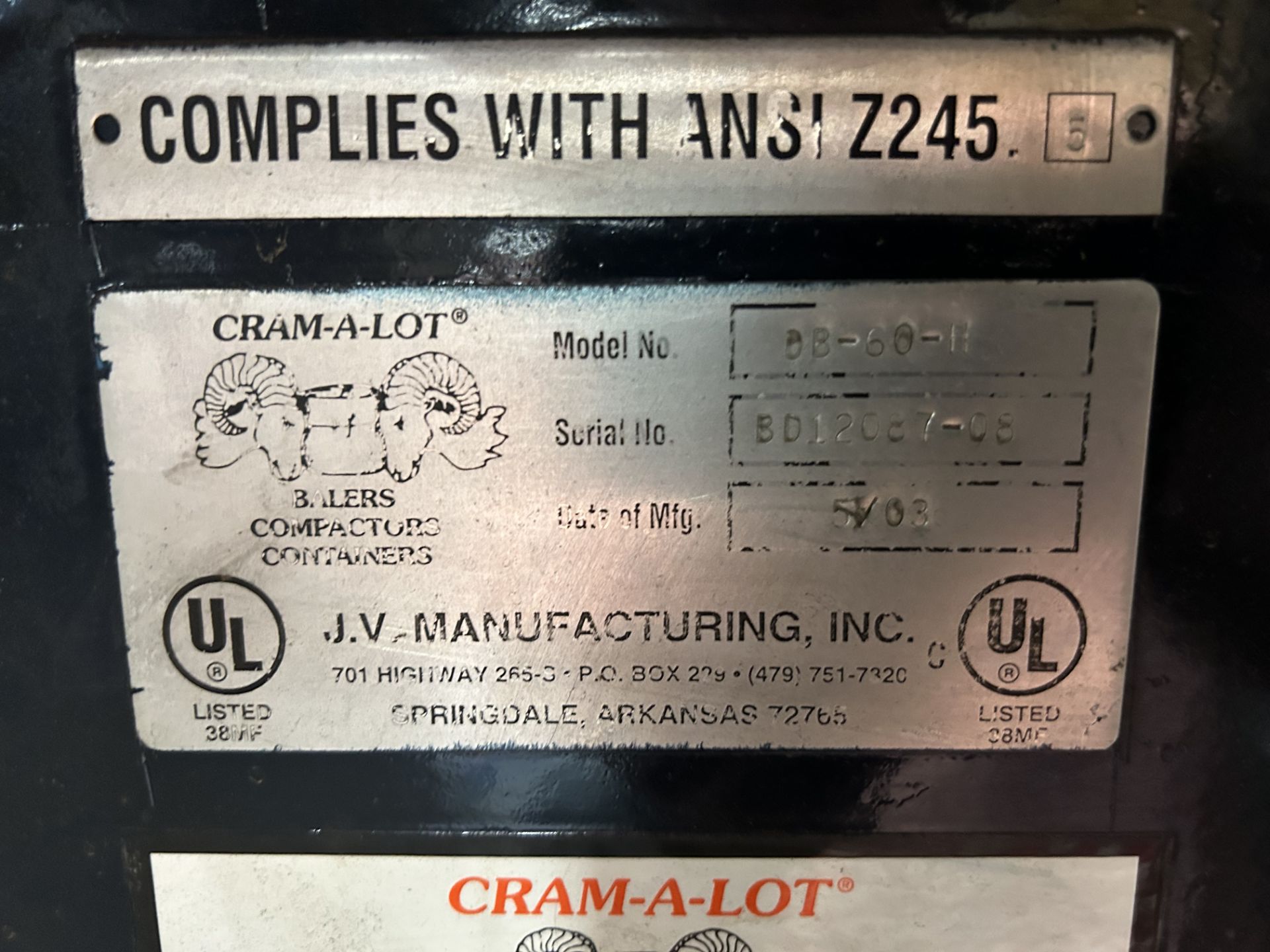 Cram-A-Lot 60 Inch Vertical Baler, Model #DB-60-H, S/N #BD12087-08, Rigging/Loading Fee: $2,400 - Image 3 of 4