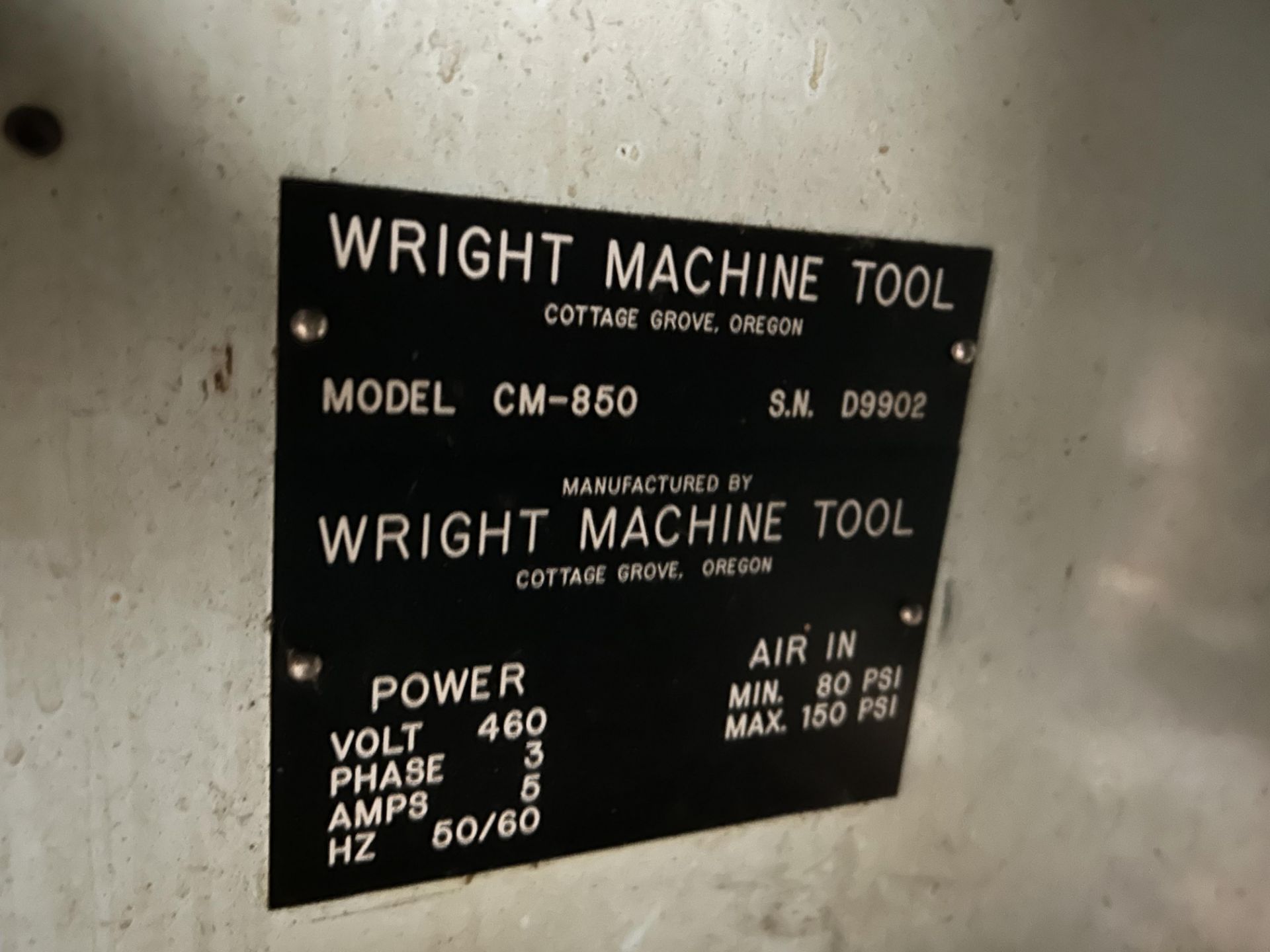 Wright Machine Tool Grinder, Model CMS-850, S/N #D9902, Volts 460 - Image 5 of 5