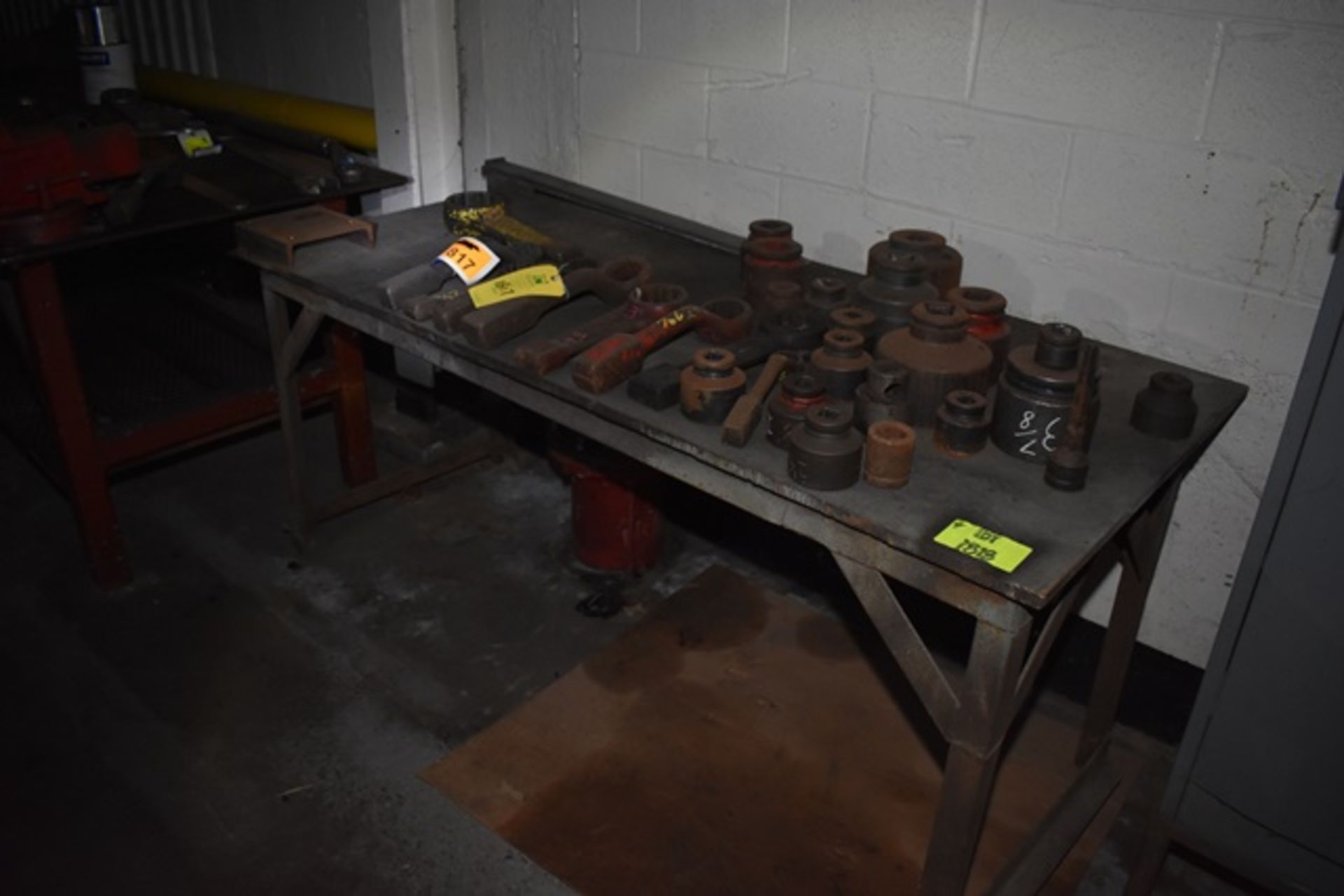 [Lot] Assorted hand tools, hammer, wrenches, sockets, drill bit, on (3) tables