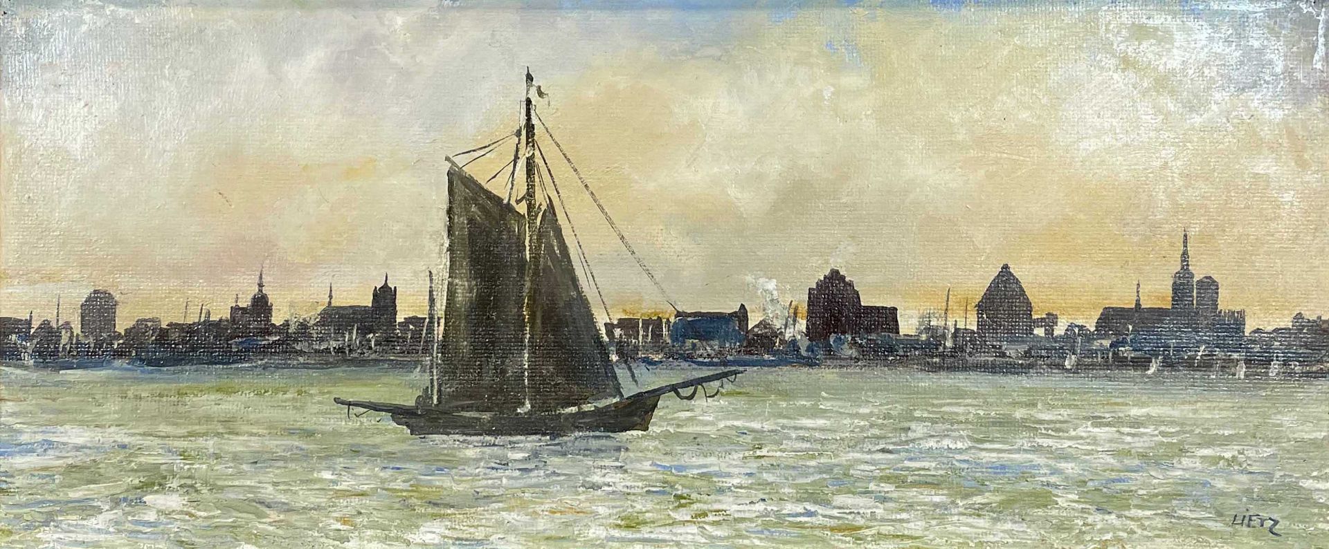 Heinrich LIETZ (1909 - 1988). Segler auf dem Strelasund mit der Silhouette von Stralsund.