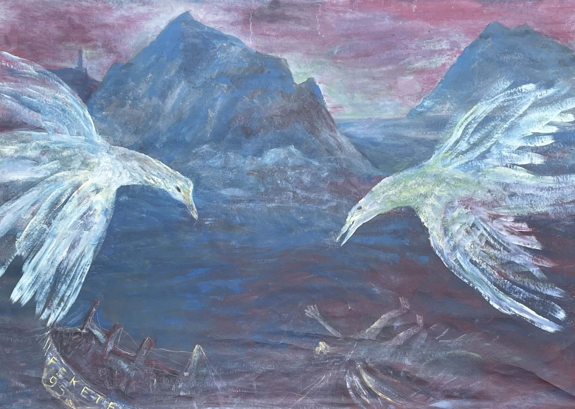 Esteban FEKETE (1924 - 2009). Großformatiges Ölgemälde. Gebirgslandschaft mit zwei Vögeln.